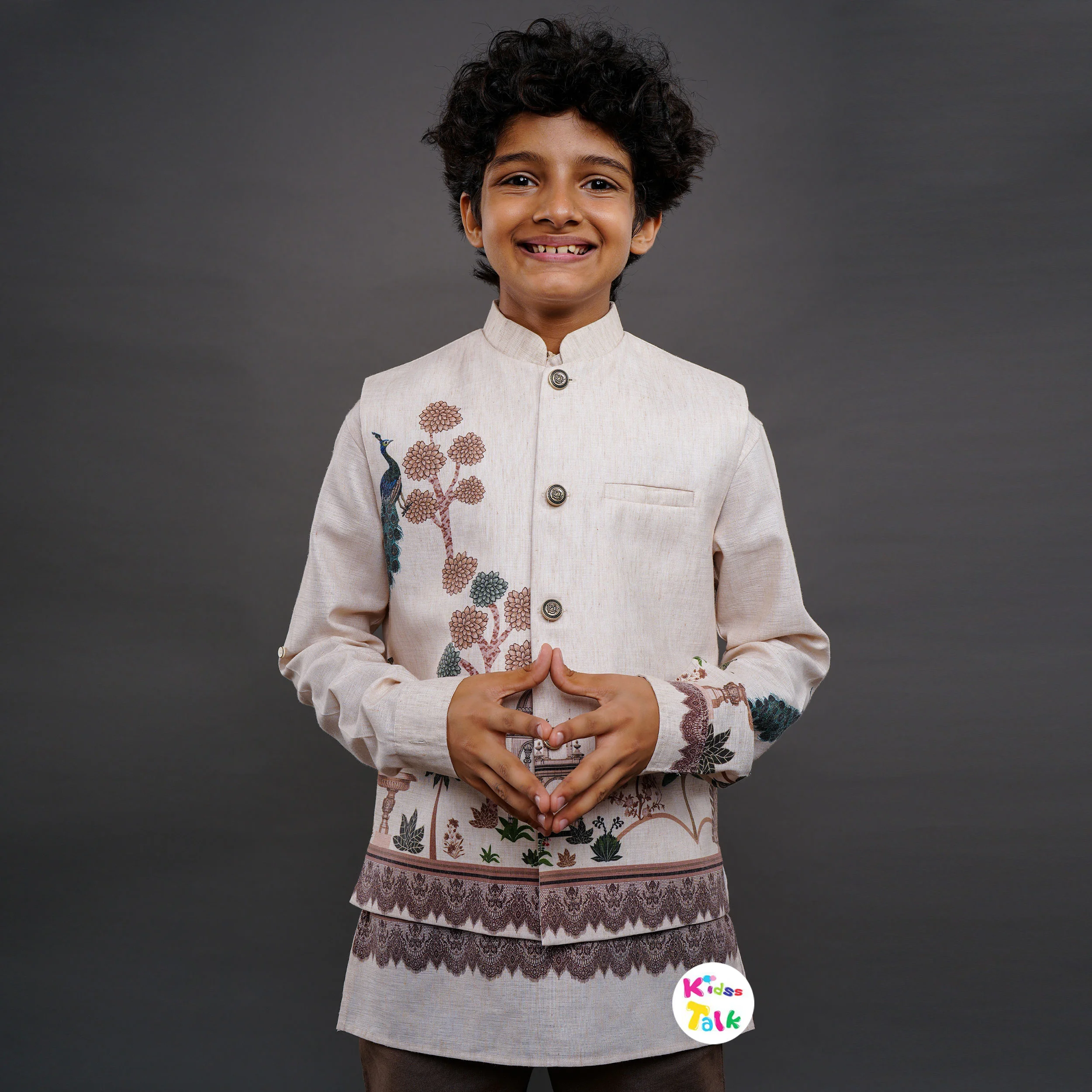 Royal Full Sleeve Kurta Print Jacket - Beige