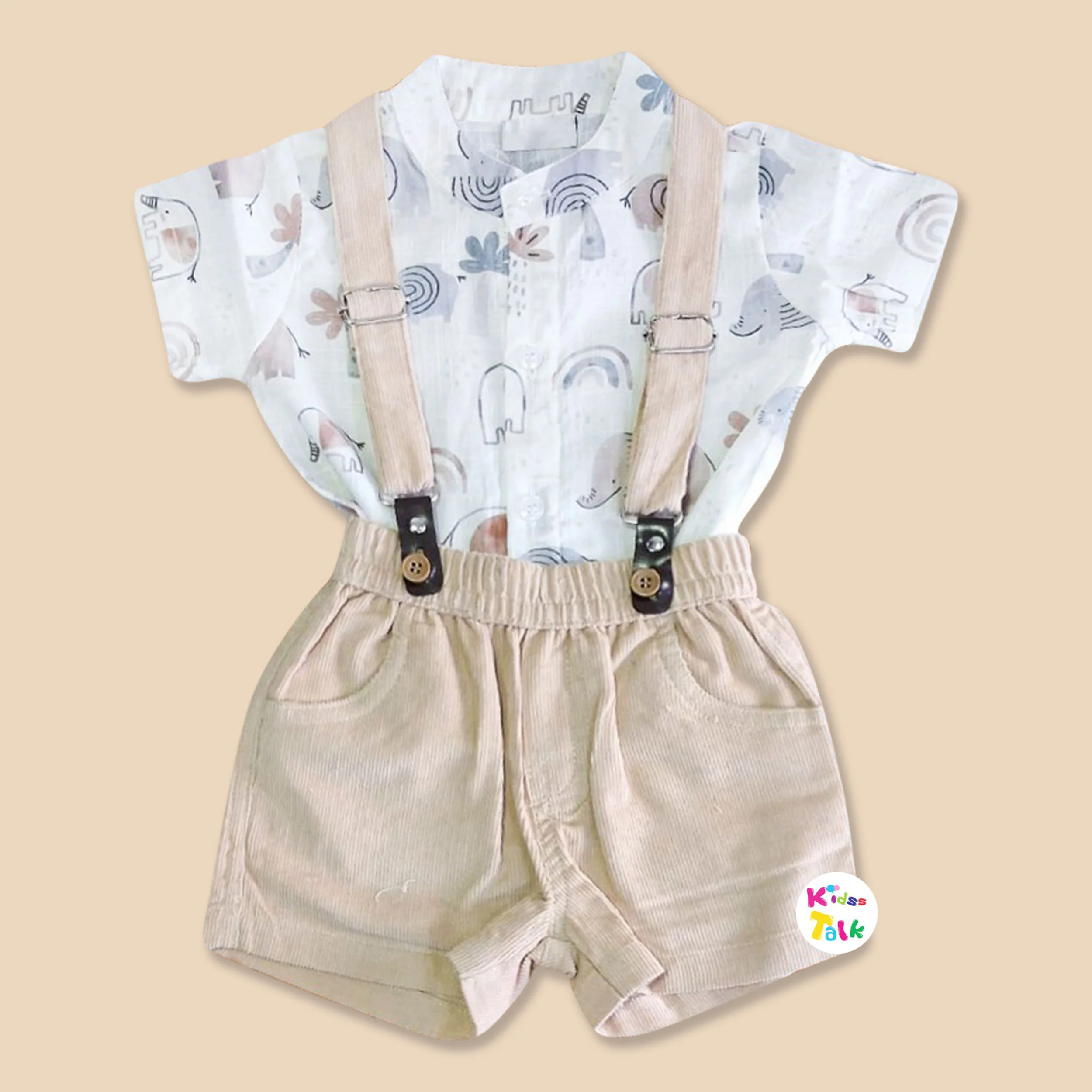 Cotton Half Sleeve Shirt With Half Pant & Suspender - Cream