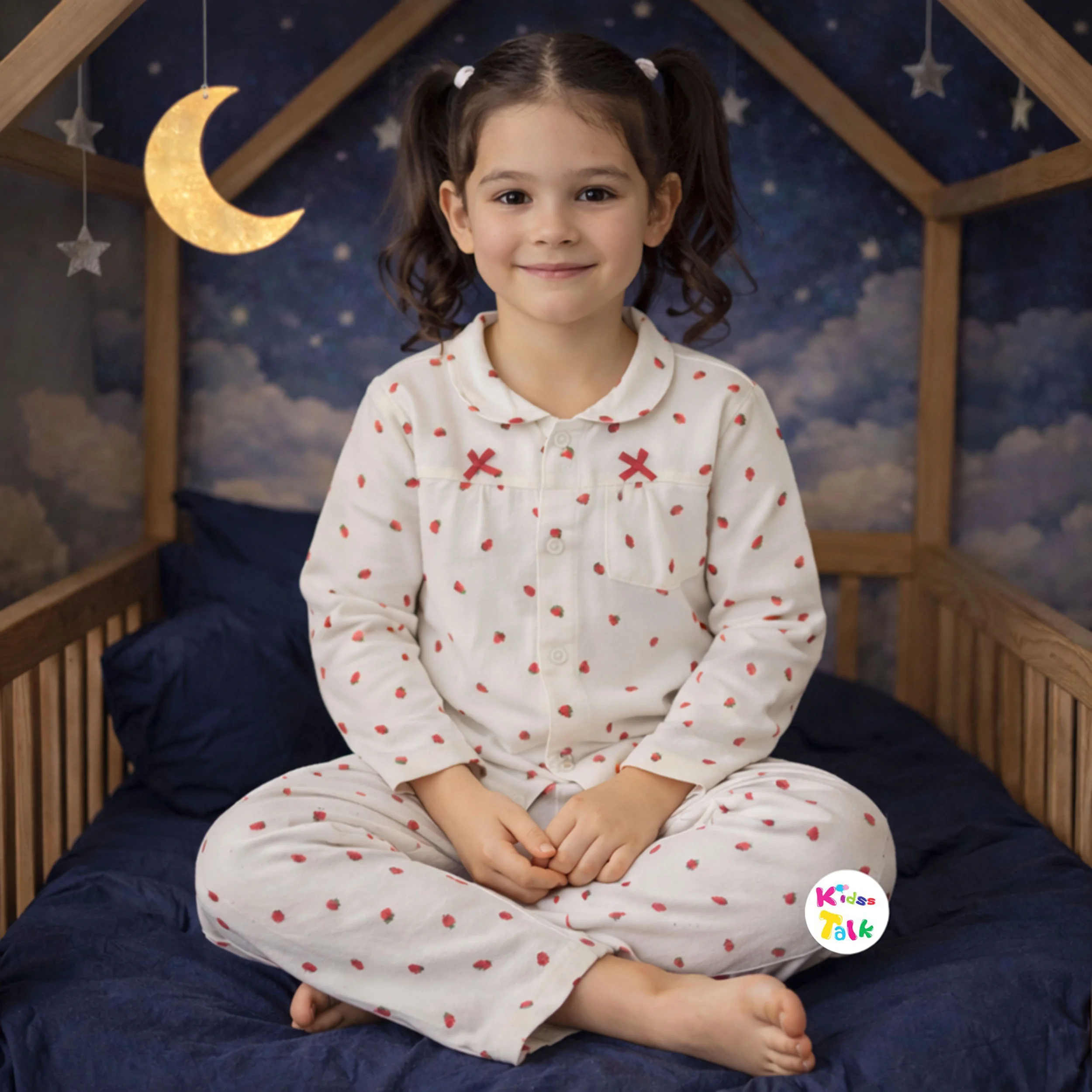 Cotton Full Sleeve Night Suit With Cute Printed - Cream