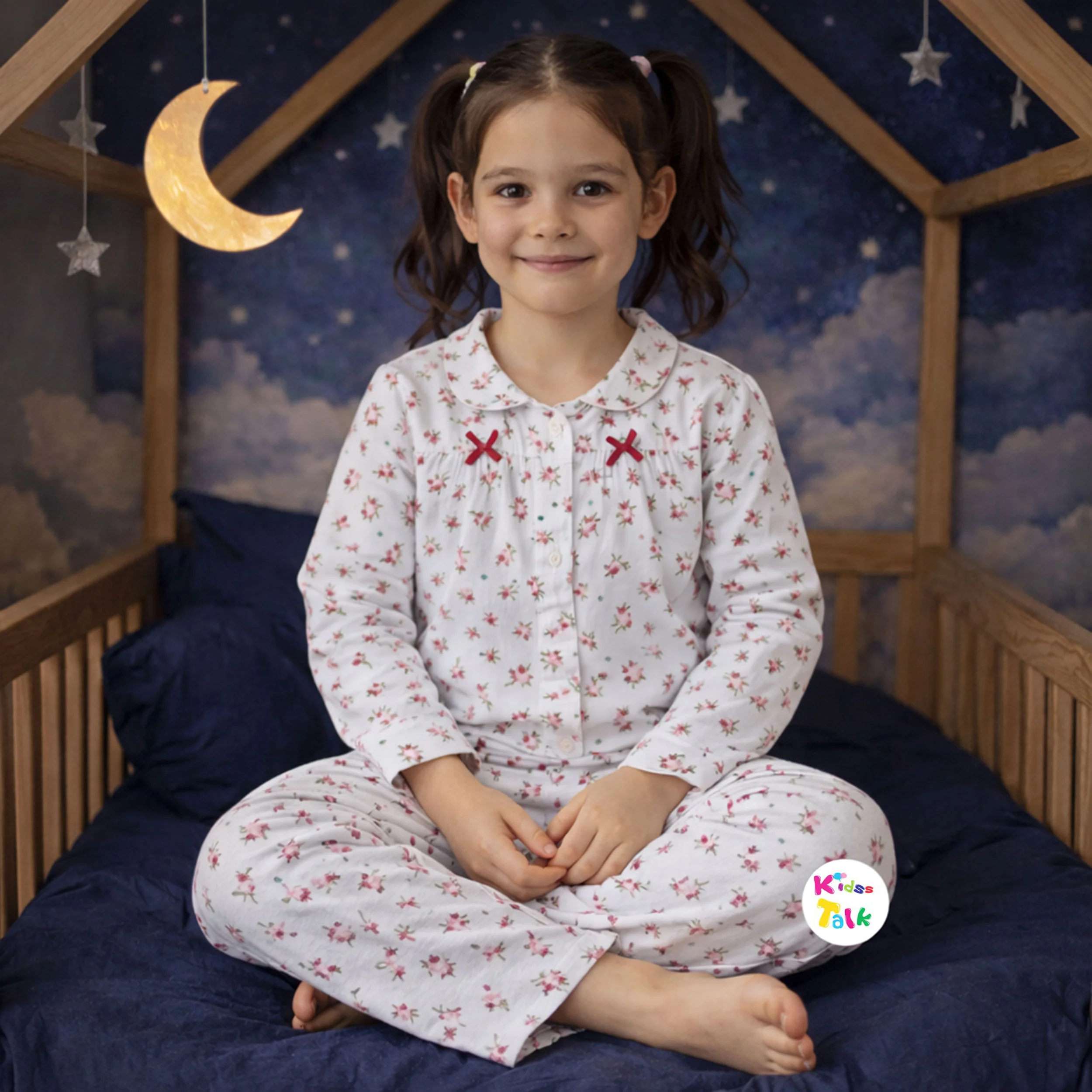 Muslin Full Sleeve Night Suit With Cute Printed - White