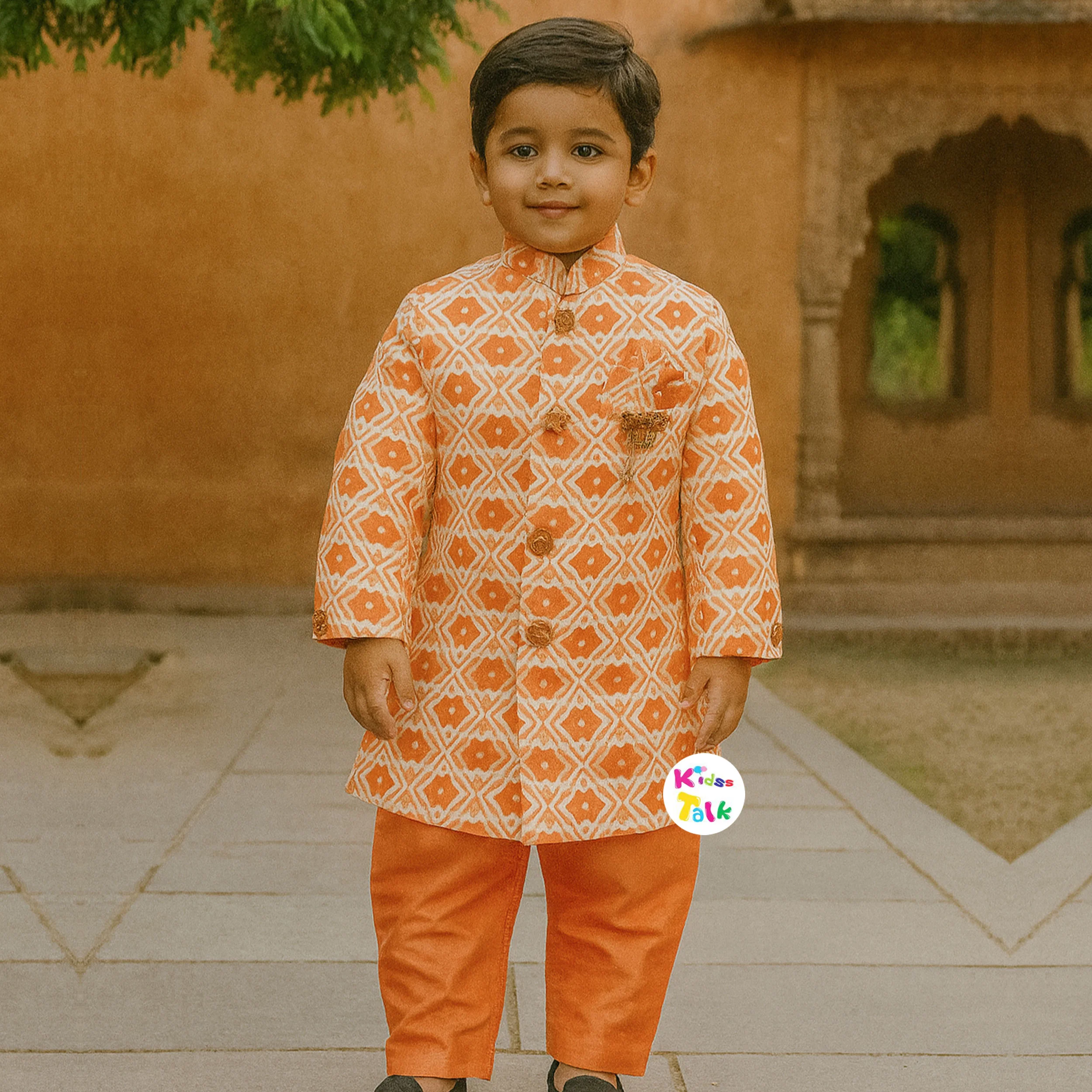 Royal Full Sleeve Sherwani Set With Broach - Orange