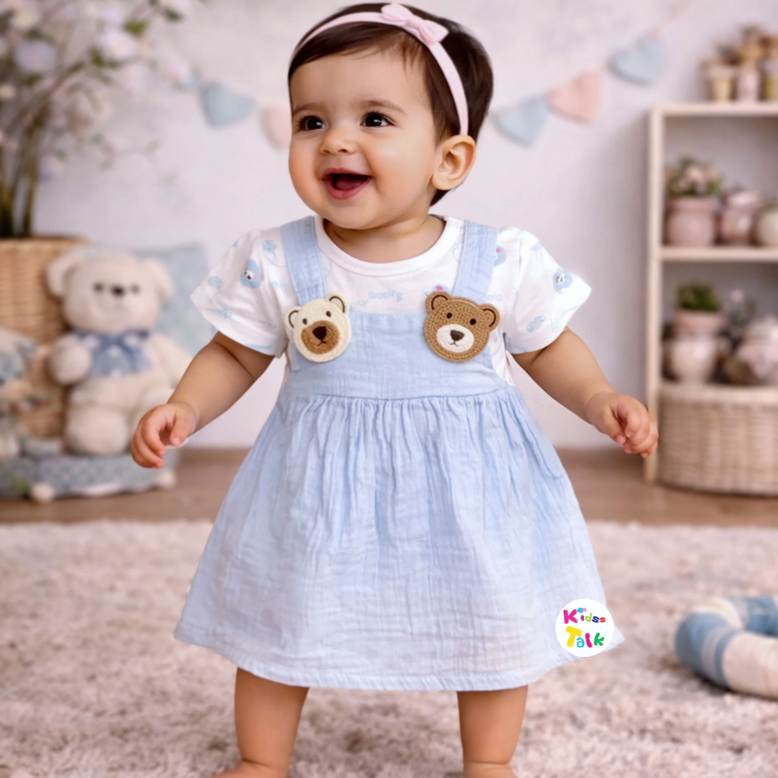 Muslin Half Sleeve Frock With Cute Print - Ice Blue