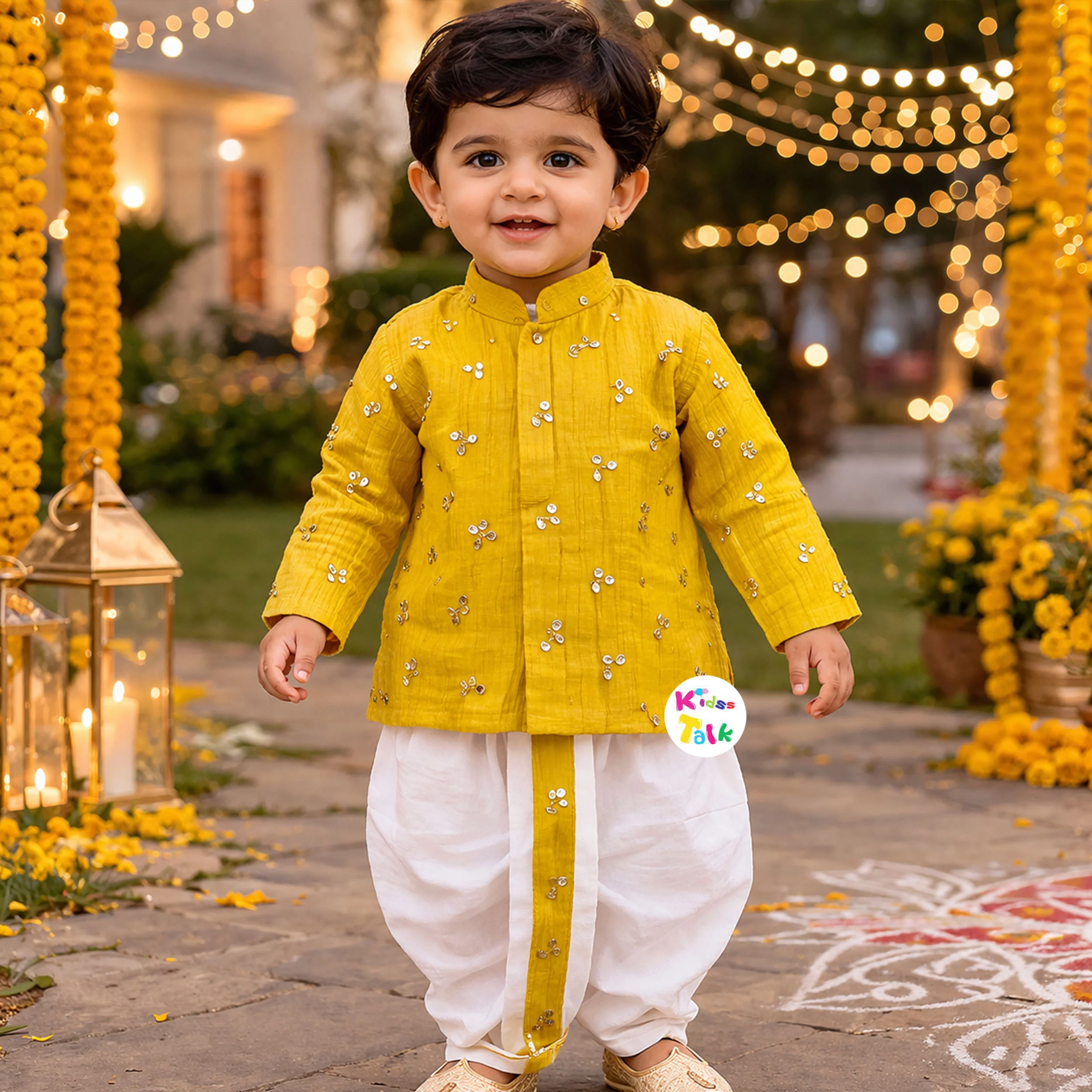 Royal Full Sleeve Foil Printed Kurta With Pyjama - Mustard