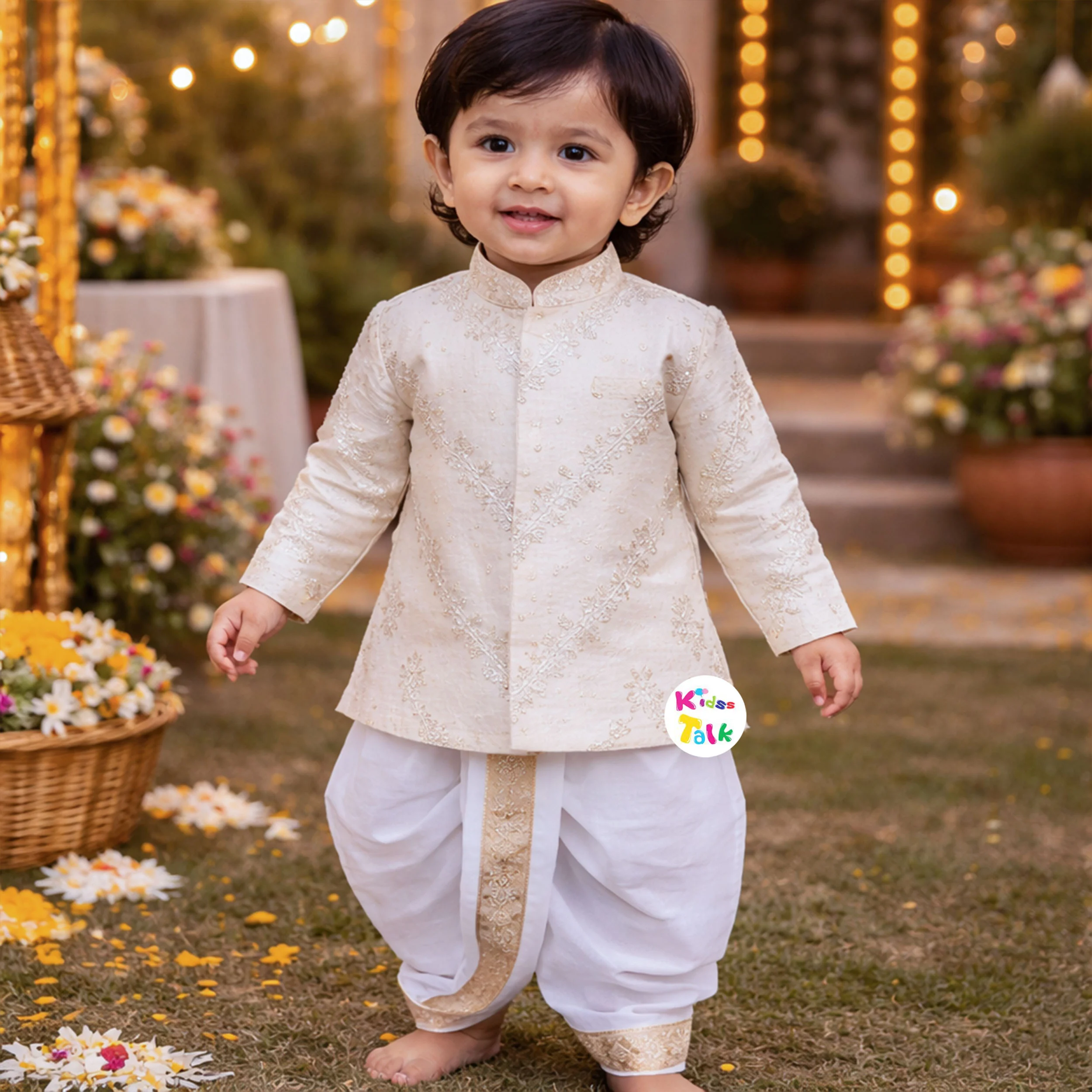 Royal Full Sleeve Zardhosi Work Kurta With Pyjama - Golden