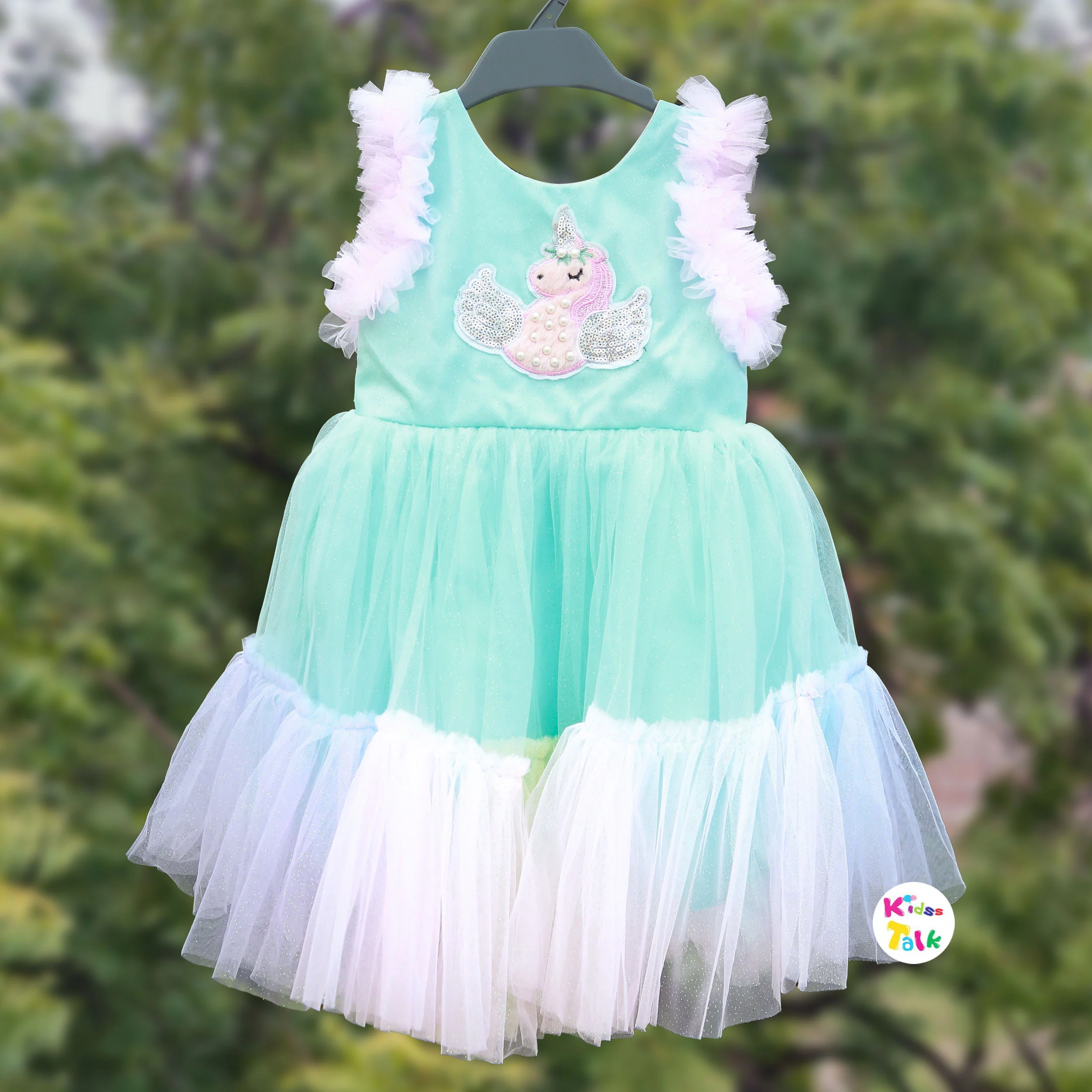 Net Sleeveless Party Frock With Unicorn Patch Work - Ice Blue