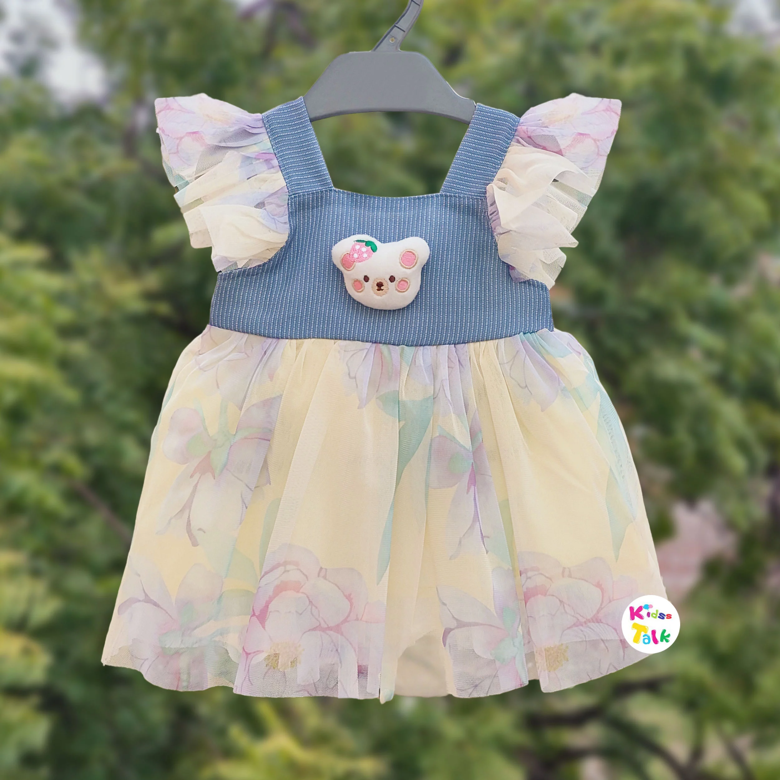 Satin Sleeveless Frock With Flower Applique- Multicolour