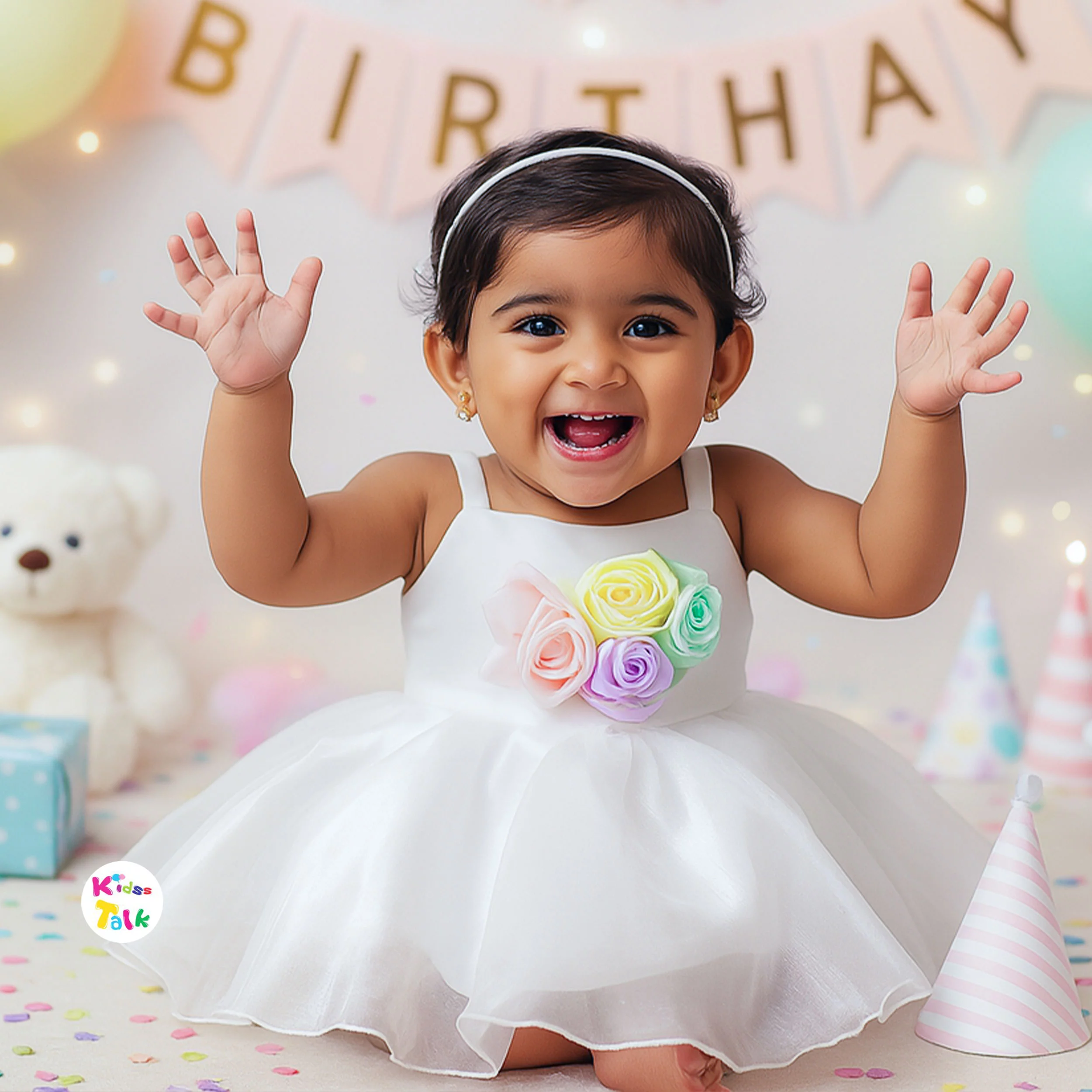 Satin Sleeveless Party Frock With Flower Applique- White