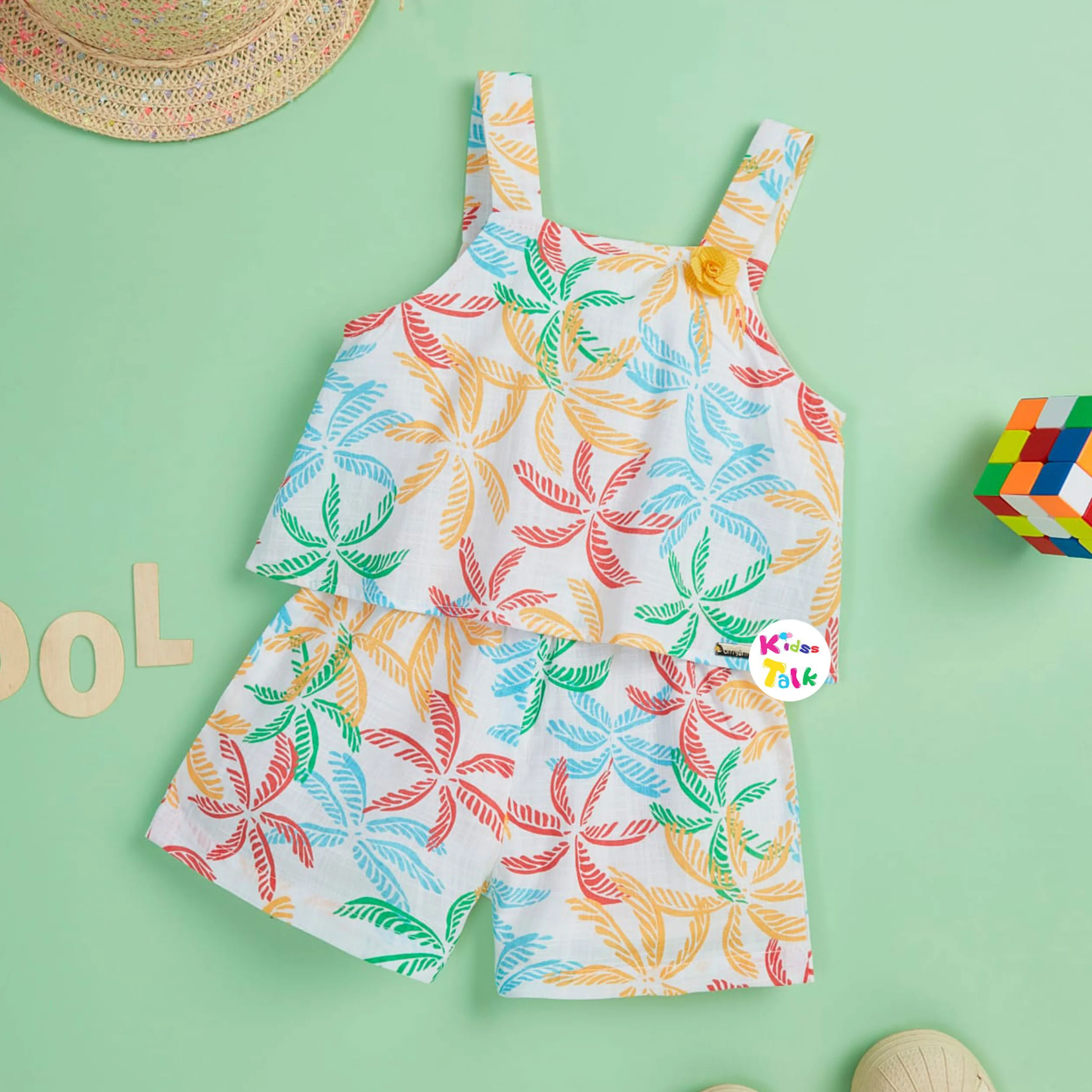 Cotton Sleeveless Jumpsuit With Cute Print - Cream