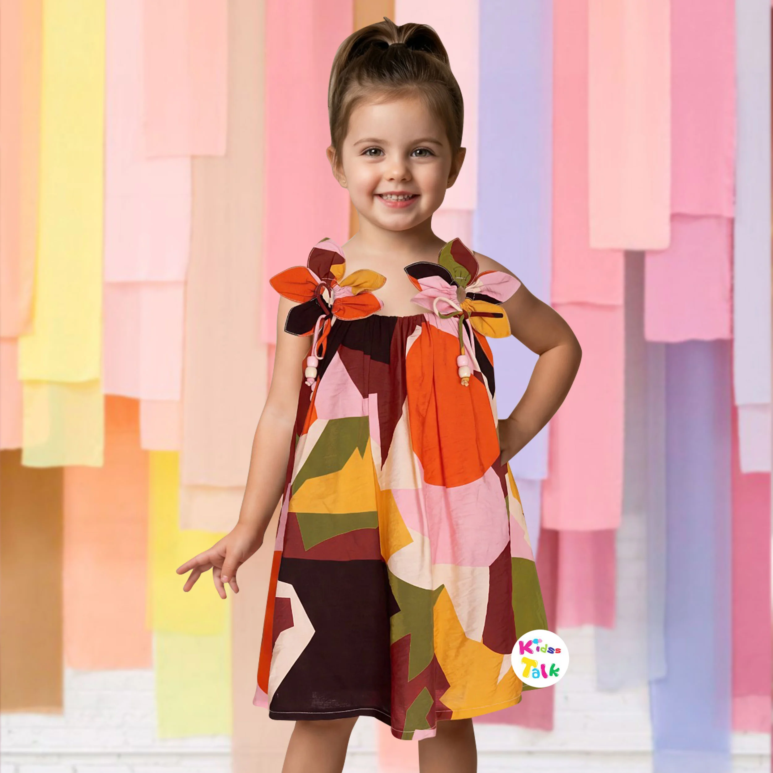 Cotton Sleeveless Party Frock With Flower Applique - Orange