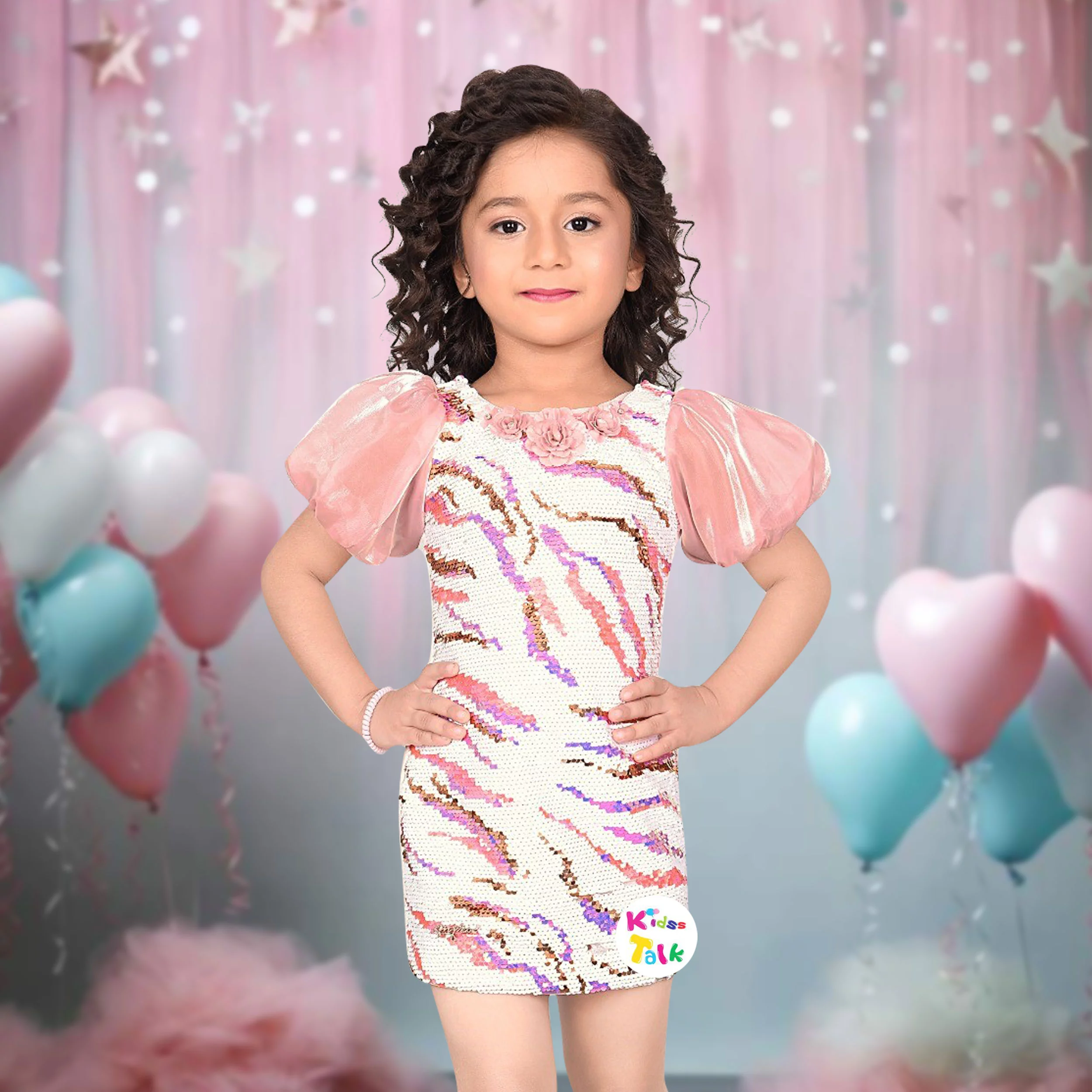 Sequins Half Sleeve Party Frock With Flower Applique - Baby Pink