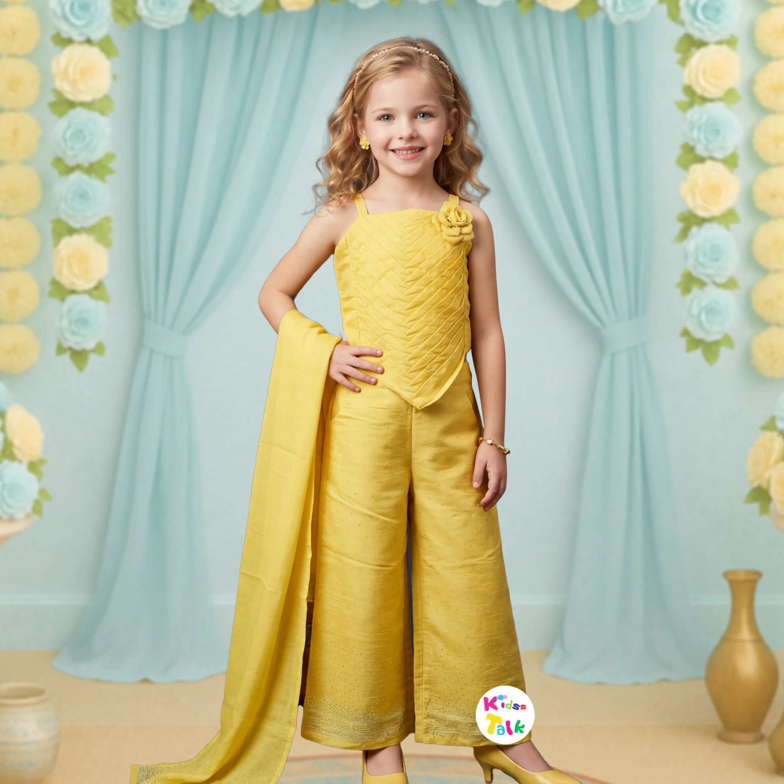 Cotton Sleeveless Stone Work Top & Full Pant - Lemon Yellow