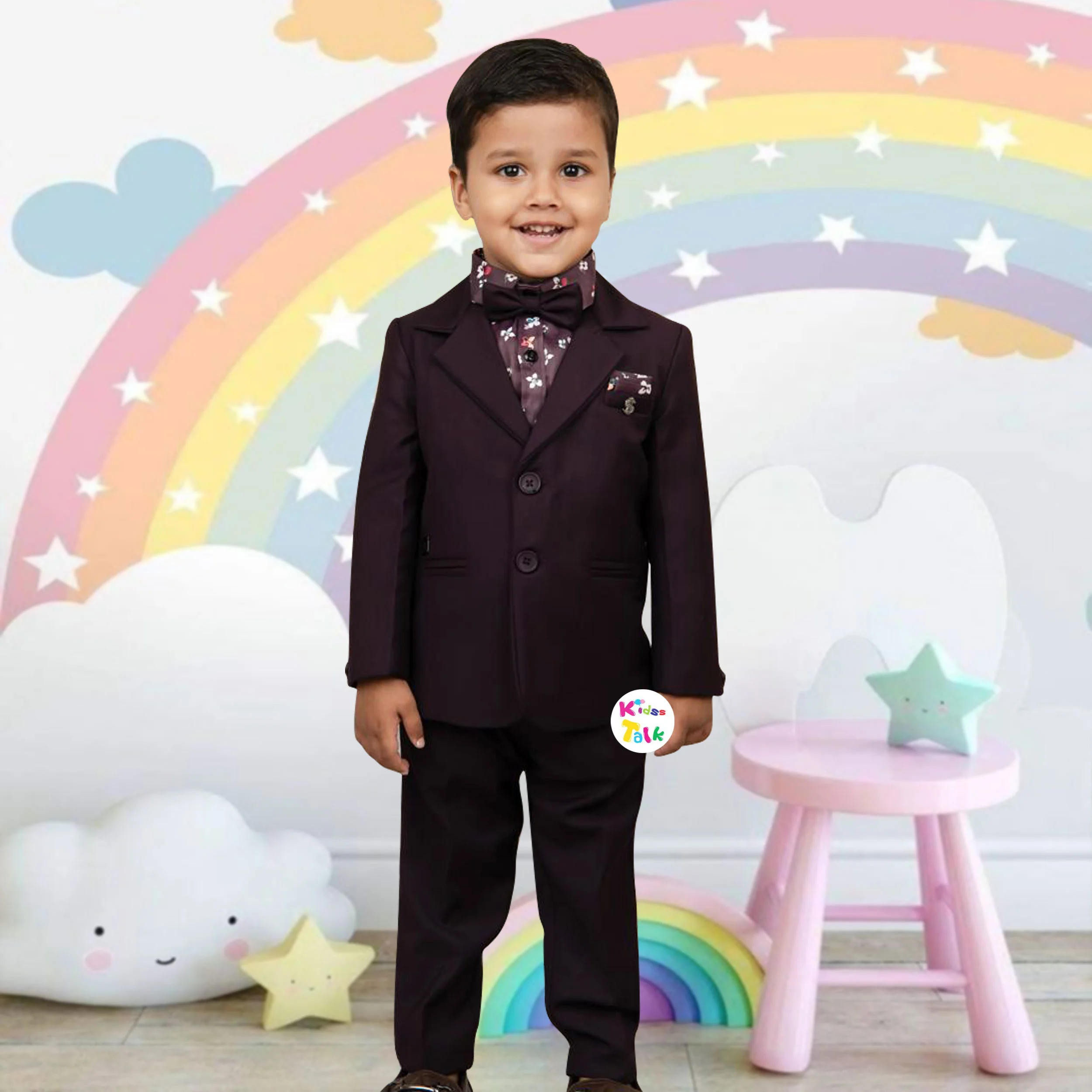 Royal Coat Set With Printed Shirt And Pant - Wine