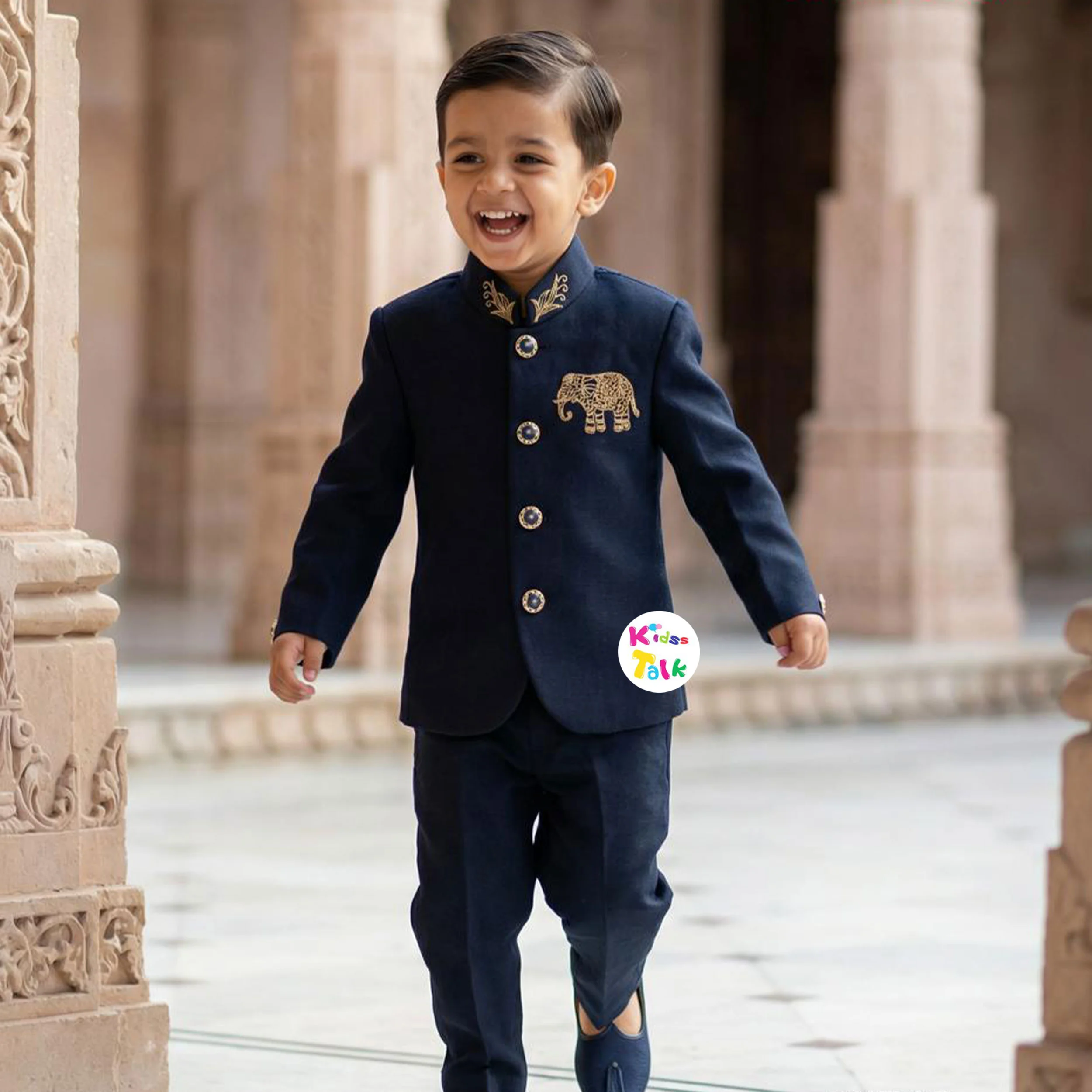 Royal Full Sleeve Sherwani Set With Zardhosi Work - Navy Blue