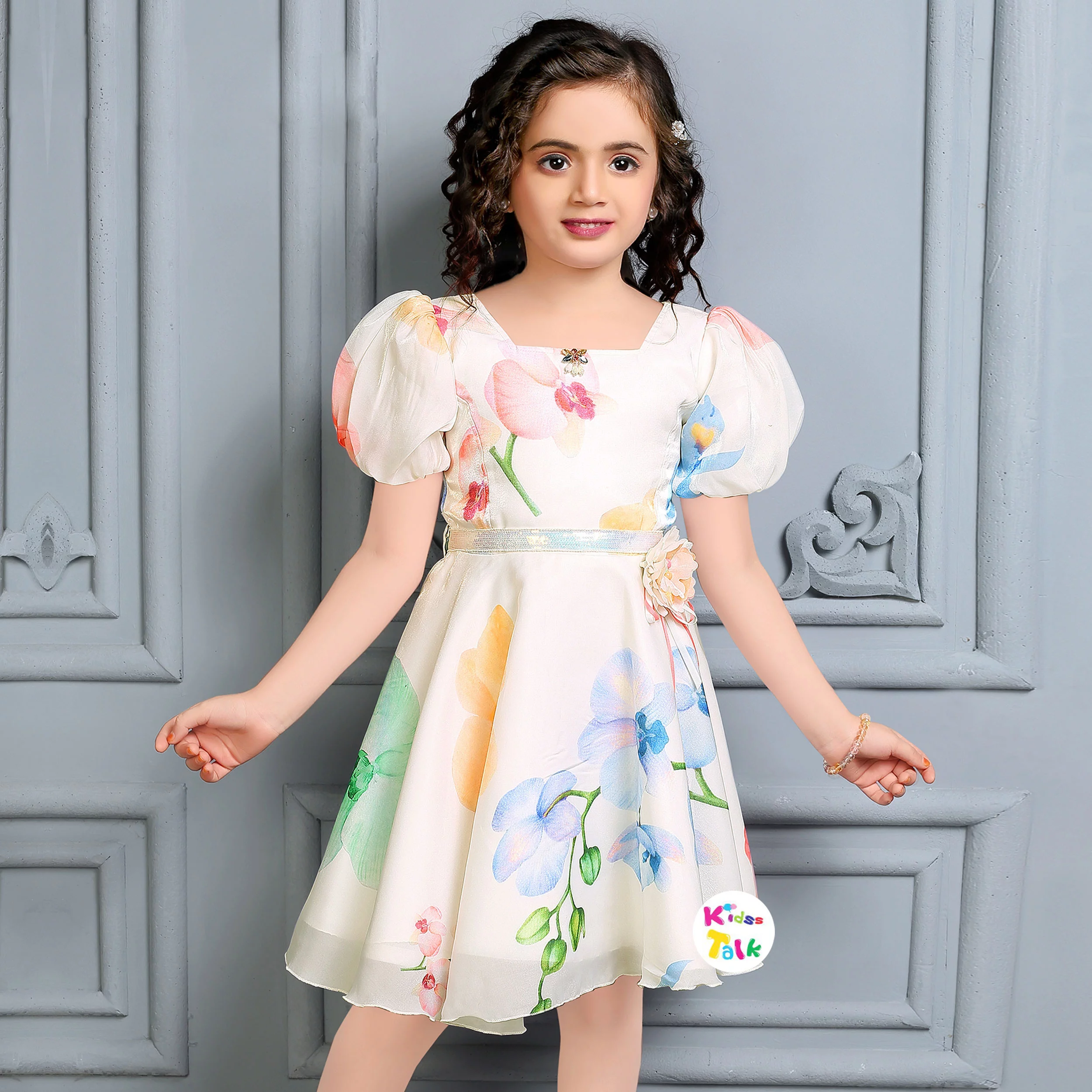 Soft Satin Half Sleeve Party Frock With Floral Print- White
