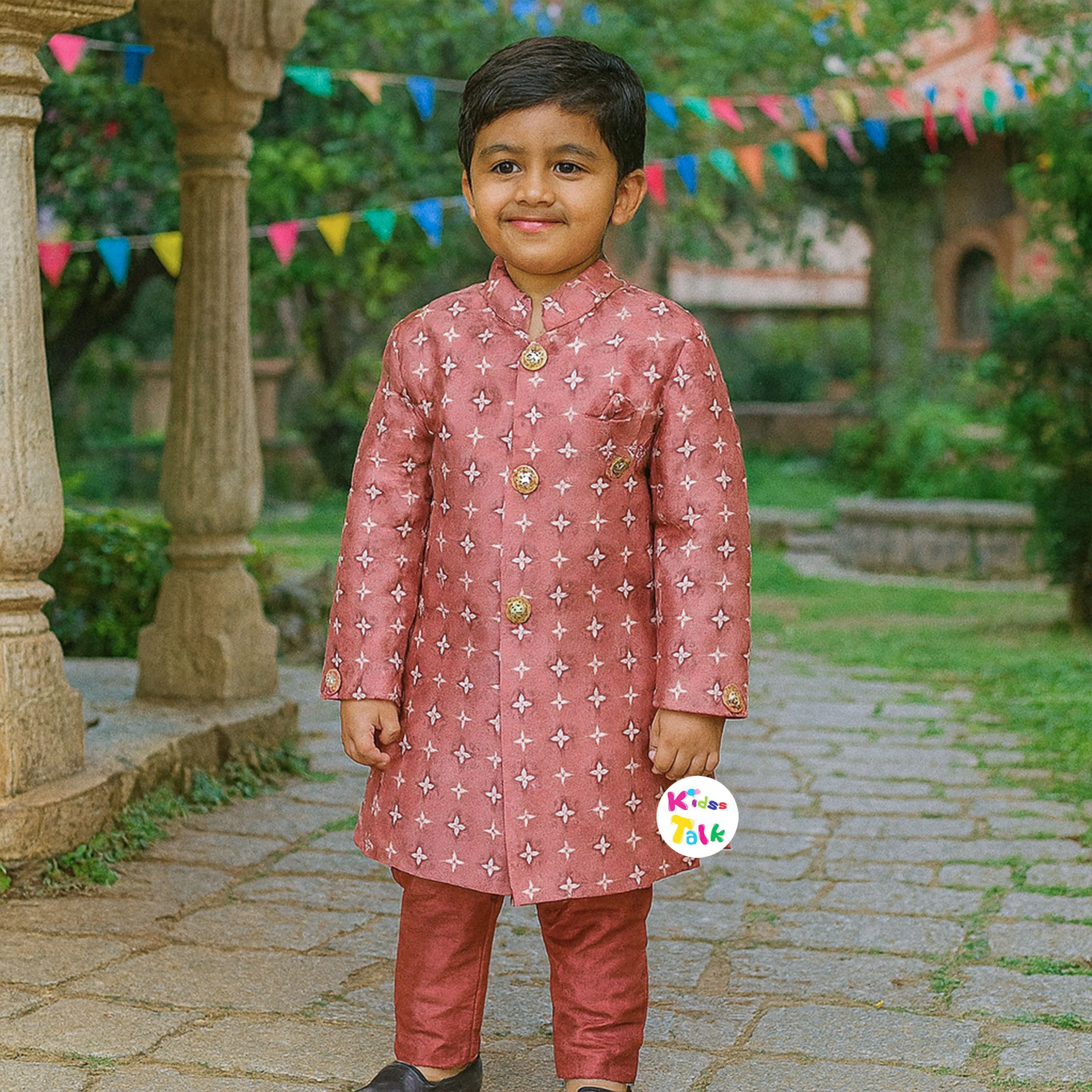 Royal Full Sleeve Sherwani Set With Broach - Maroon