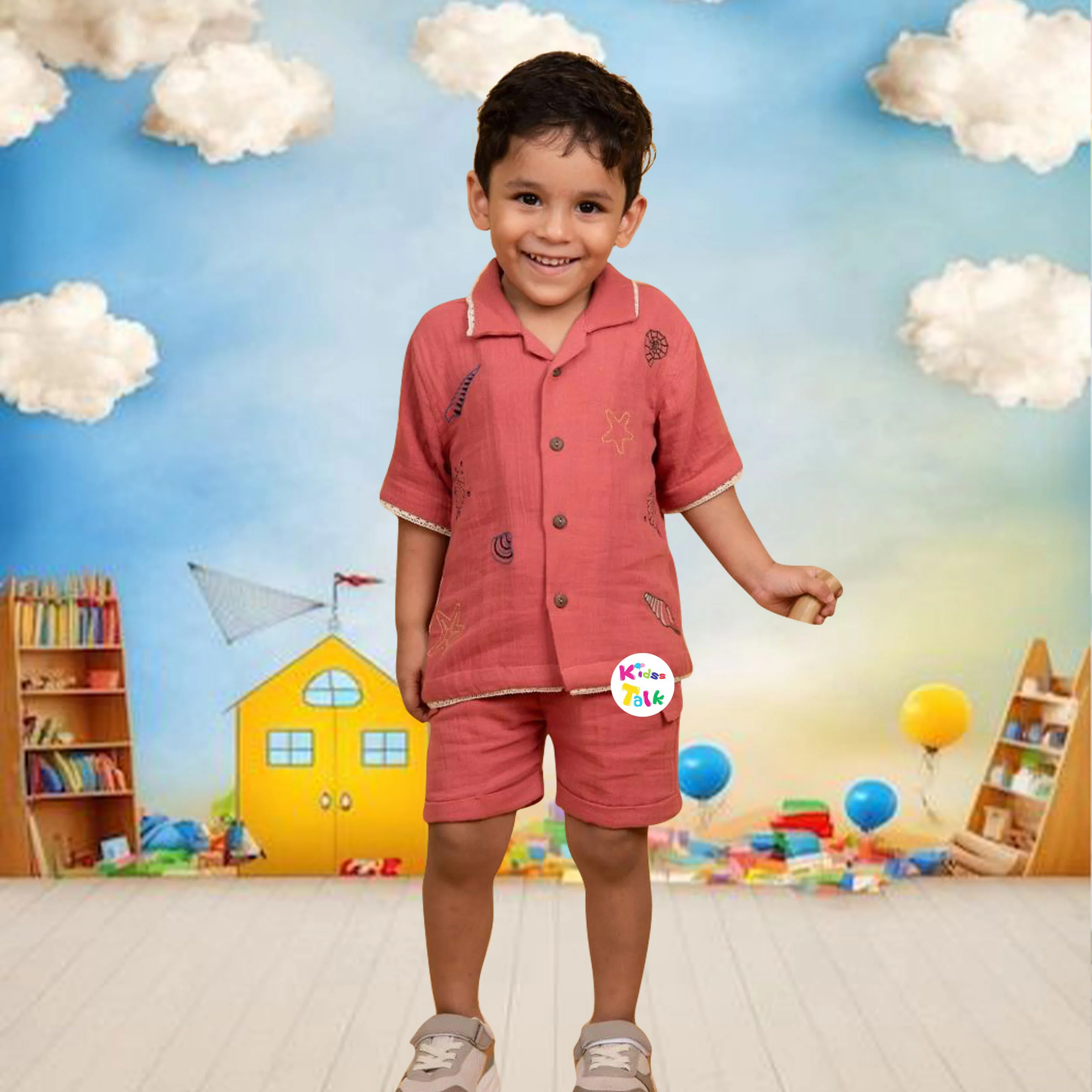 Stylish Muslin Half Sleeve Half Pant Set - Peach