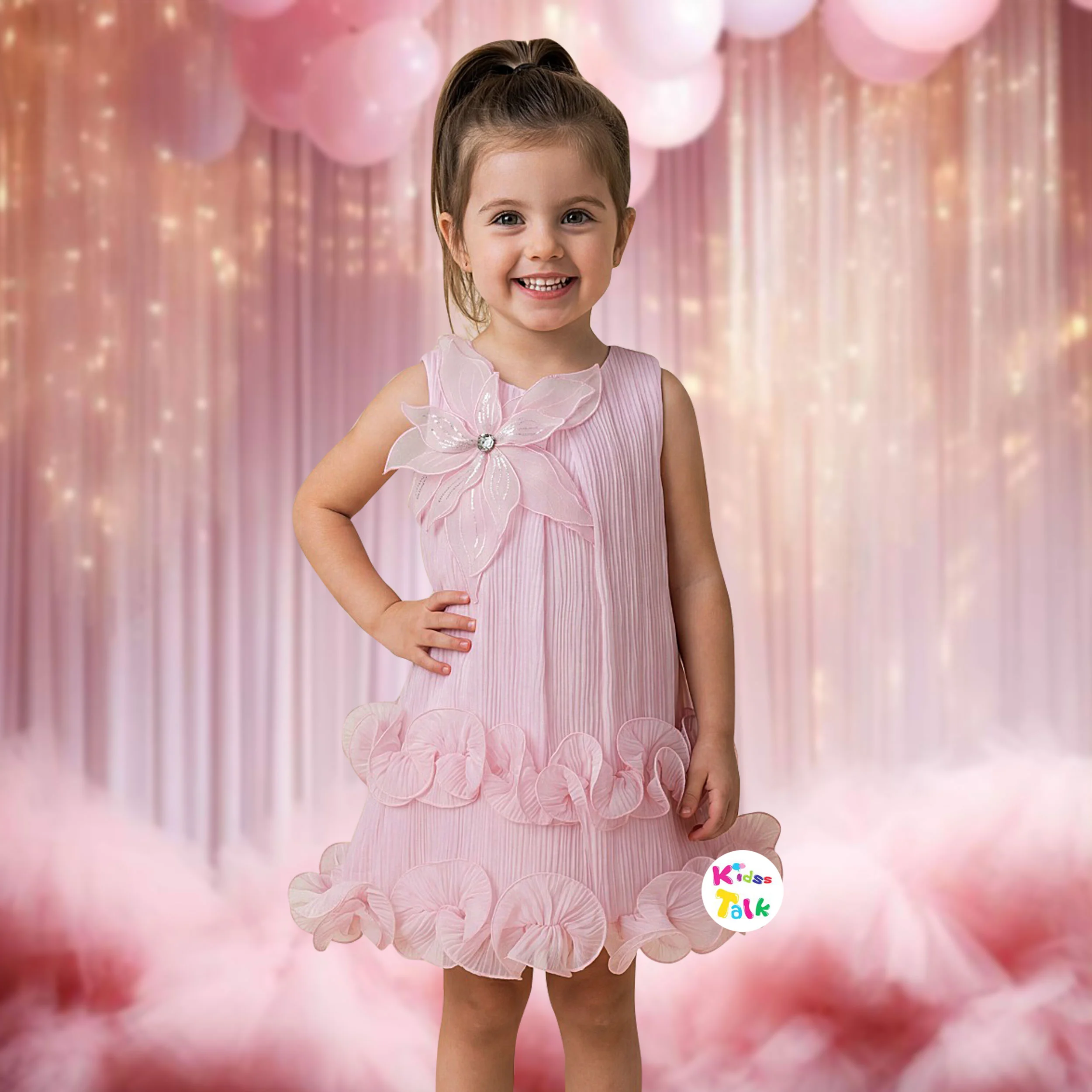 Cotton Sleeveless Party Frock With Flower Applique - Baby Pink