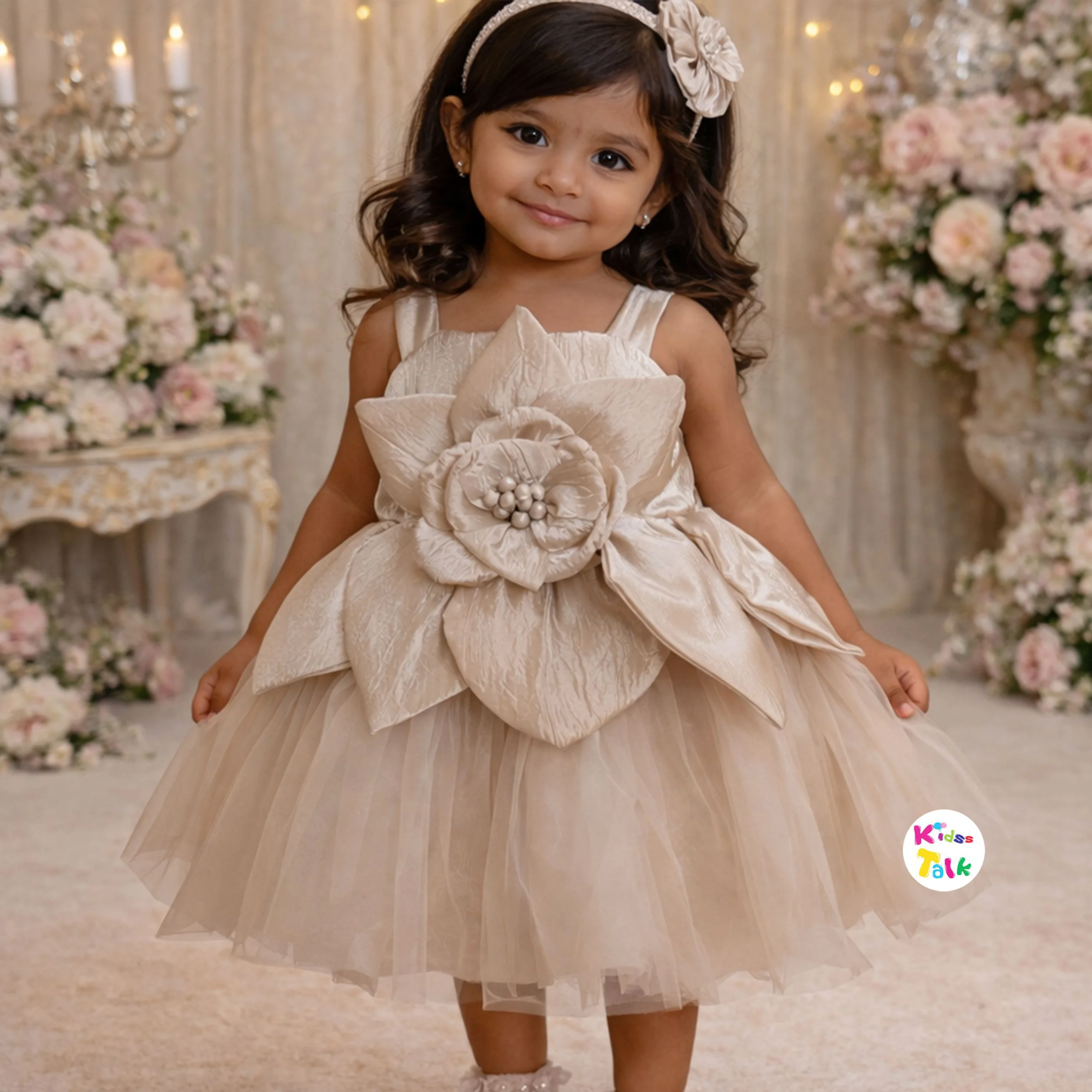 Satin Sleeveless Party Frock With Flower Applique - Beige