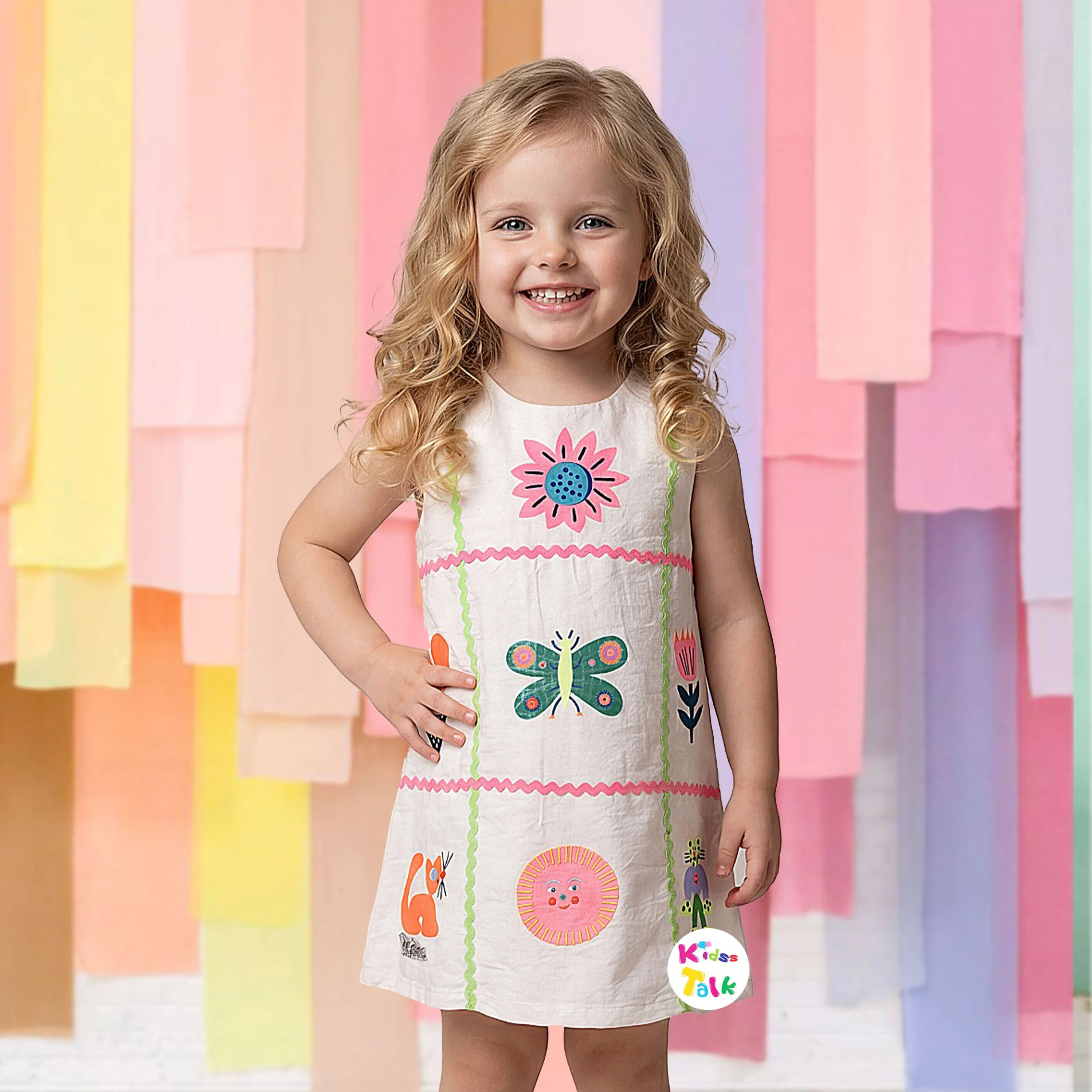 Cotton Sleeveless Frock With Cute Patch Work - White