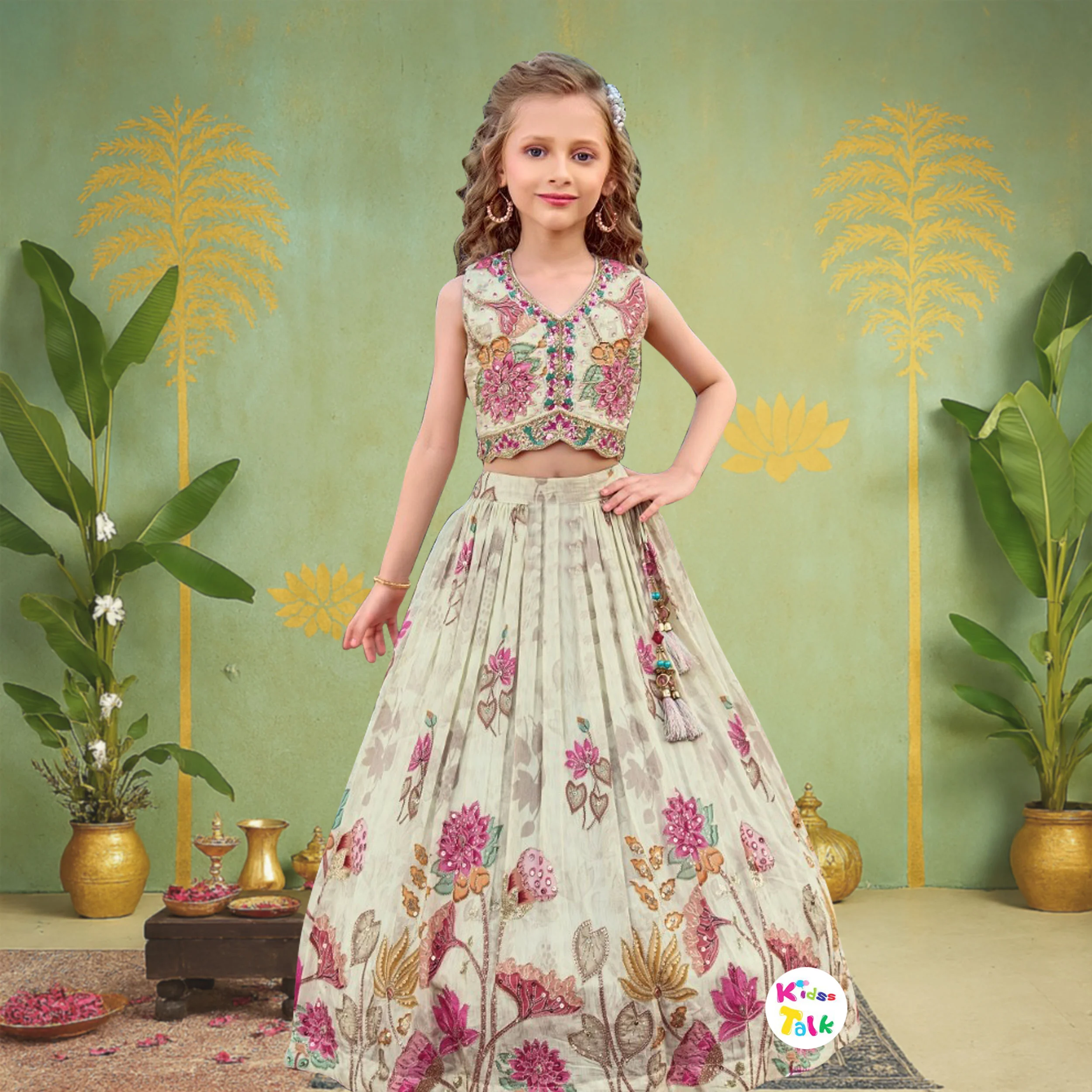 Cotton Sleeveless Embroidered Work Choli With Lehenga & Dupatta - Cream