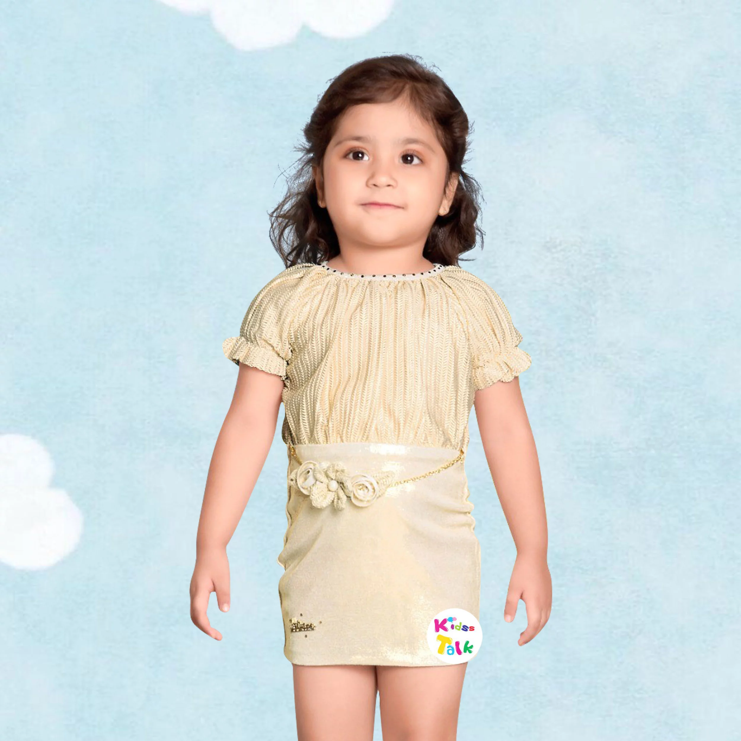 Shimmer Half Sleeve Party Frock With Flower Applique - Cream