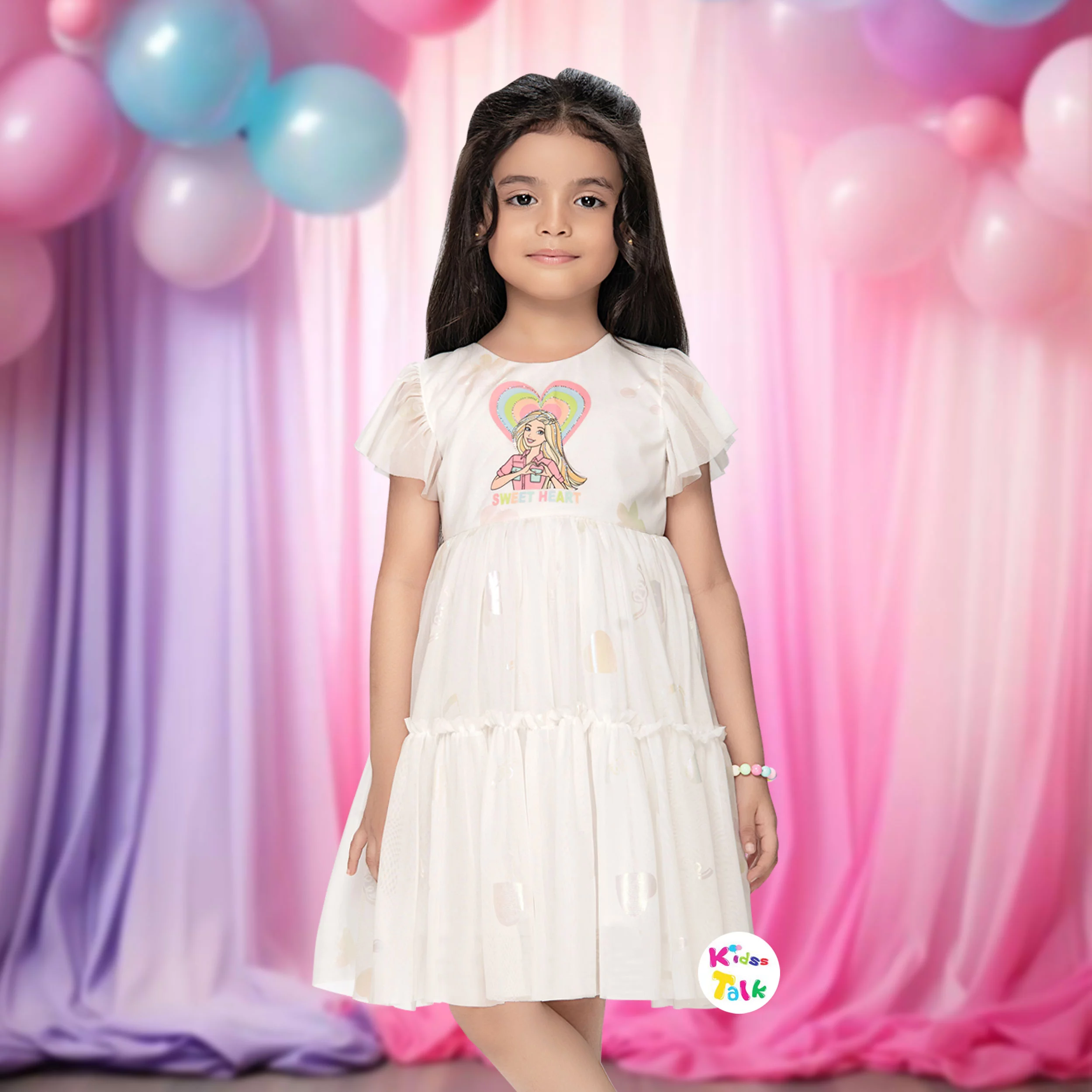 Net Half Sleeve Frock With Cute Printed - White