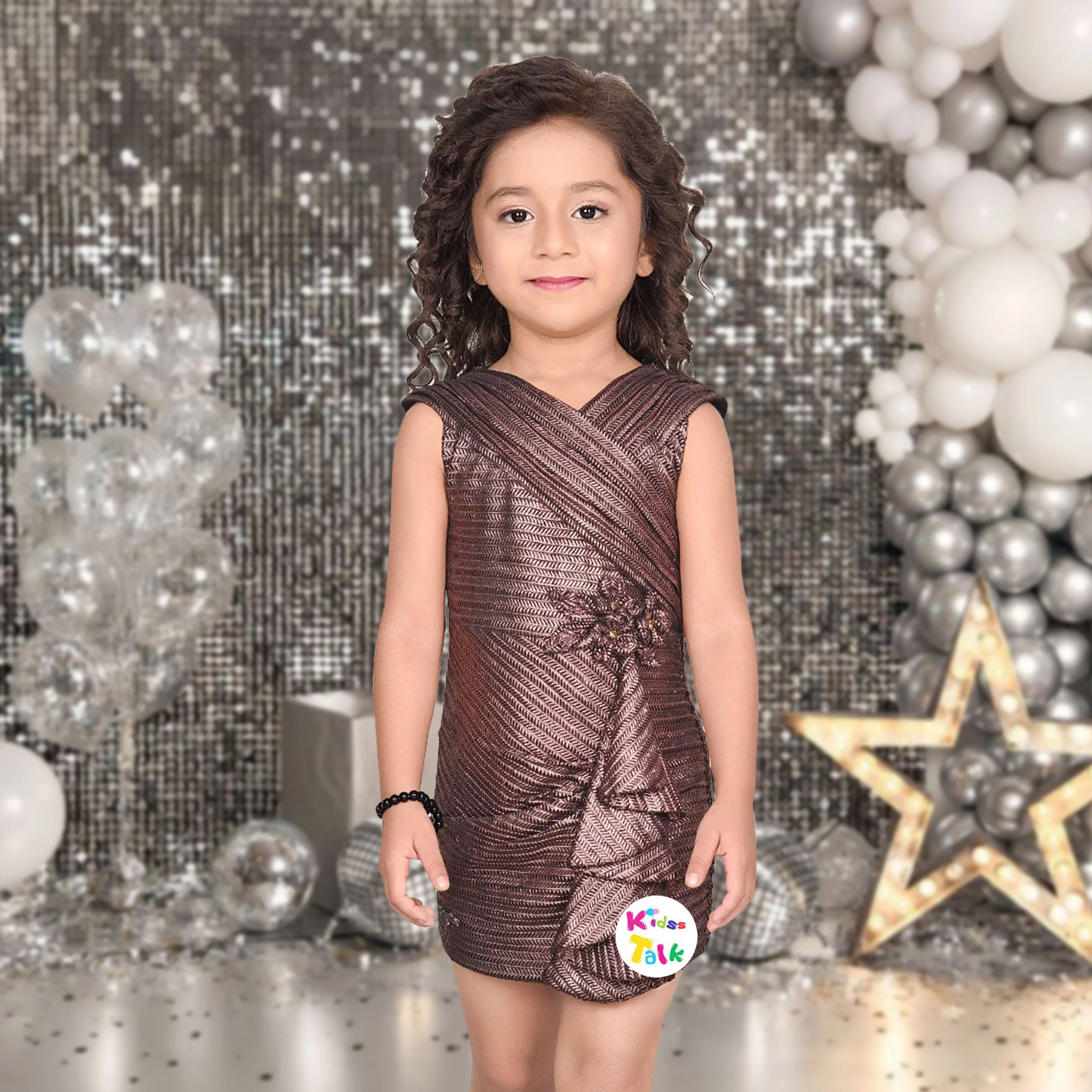 Shimmer Sleeveless Party Frock With Flower Applique - Brown