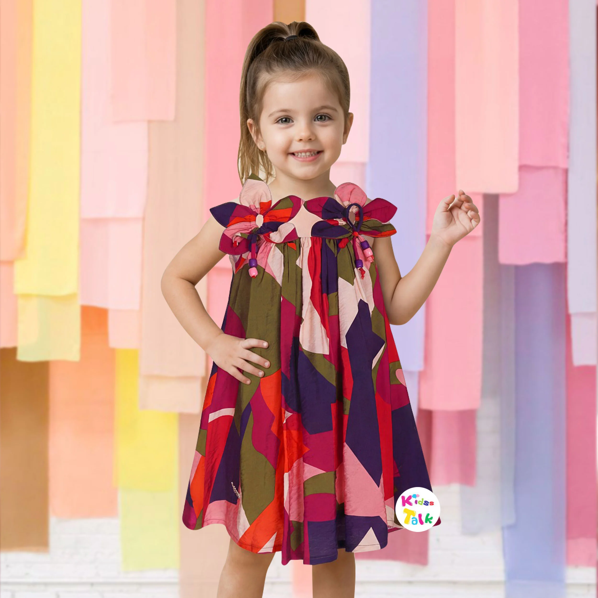 Cotton Sleeveless Party Frock With Flower Applique - Red