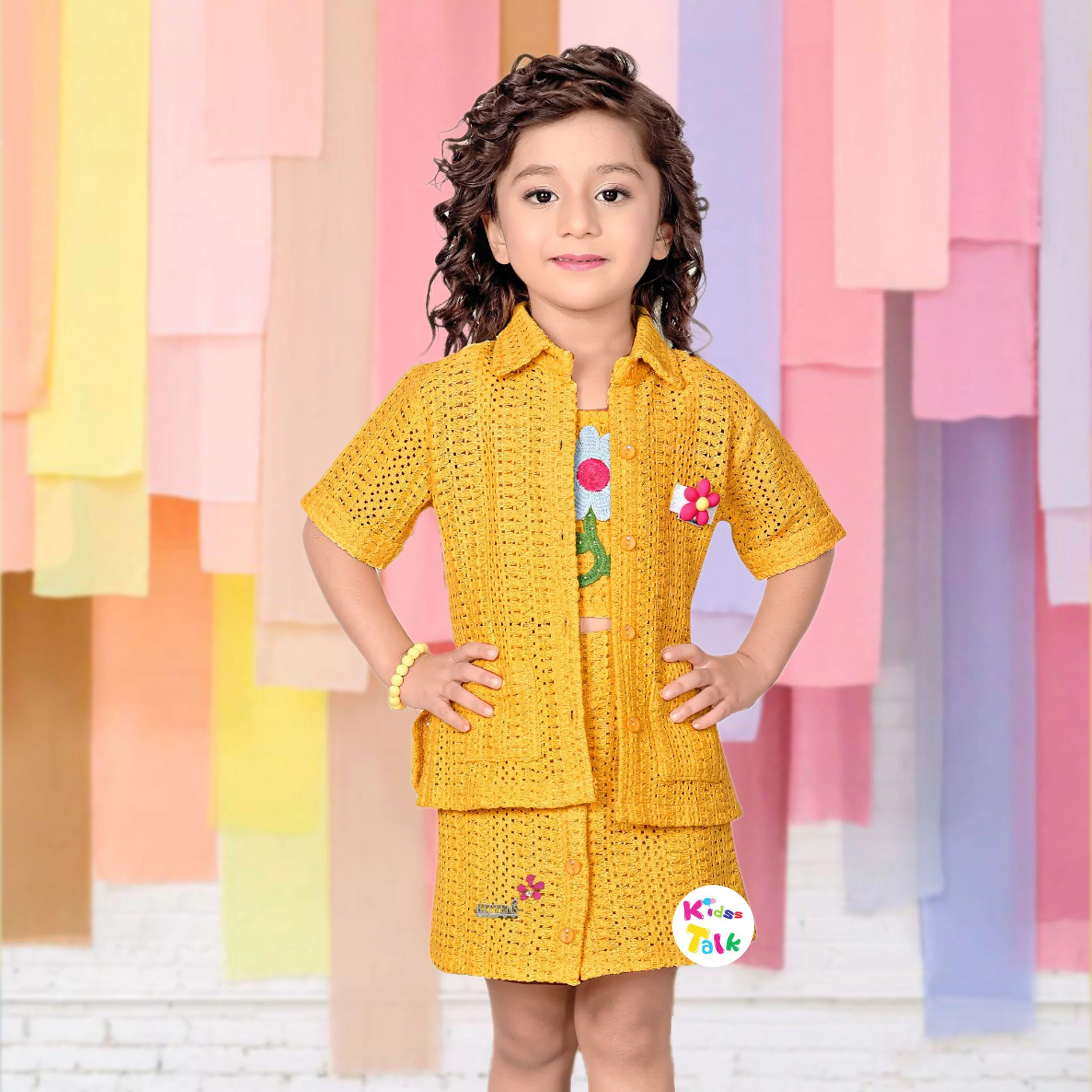 Cotton Knitted Sleeveless Top With Jacket & Skirt - Mustard