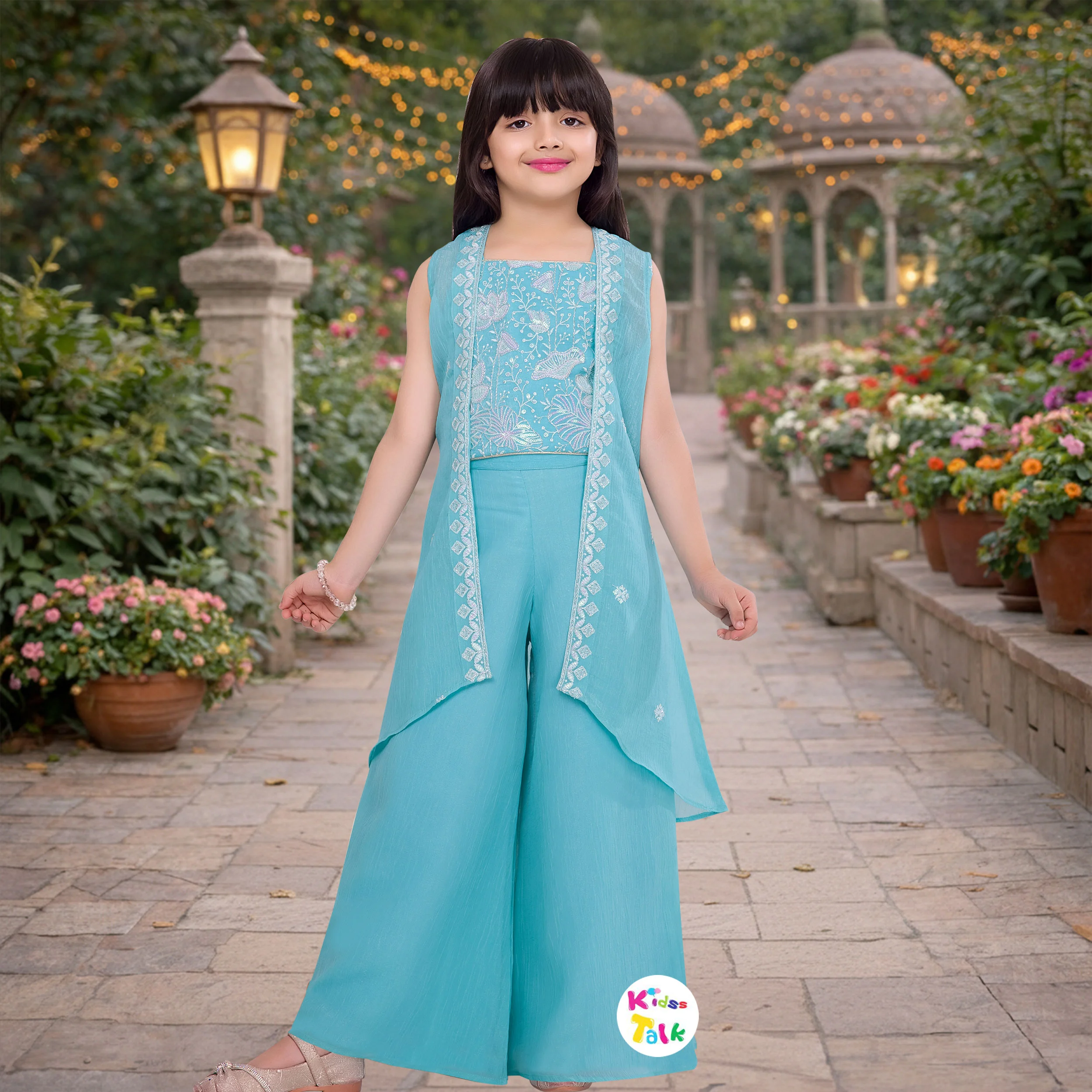 Silk Zardhosi Worked Sleeveless Kurta With Gharara & Dupatta - Turquoise