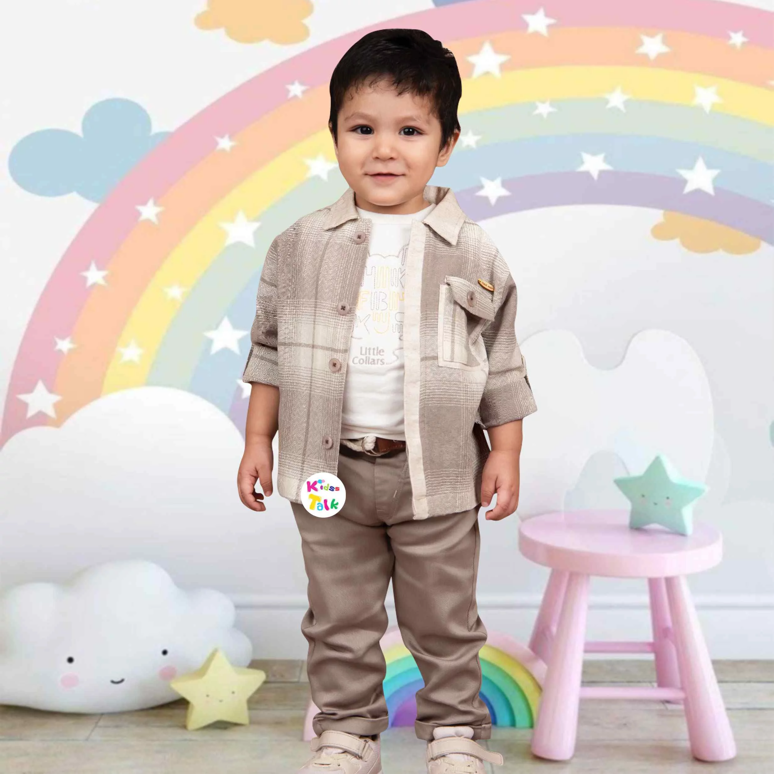 Stylish Half Sleeve T-shirt With Checked Shirt & Full Pant - Grey