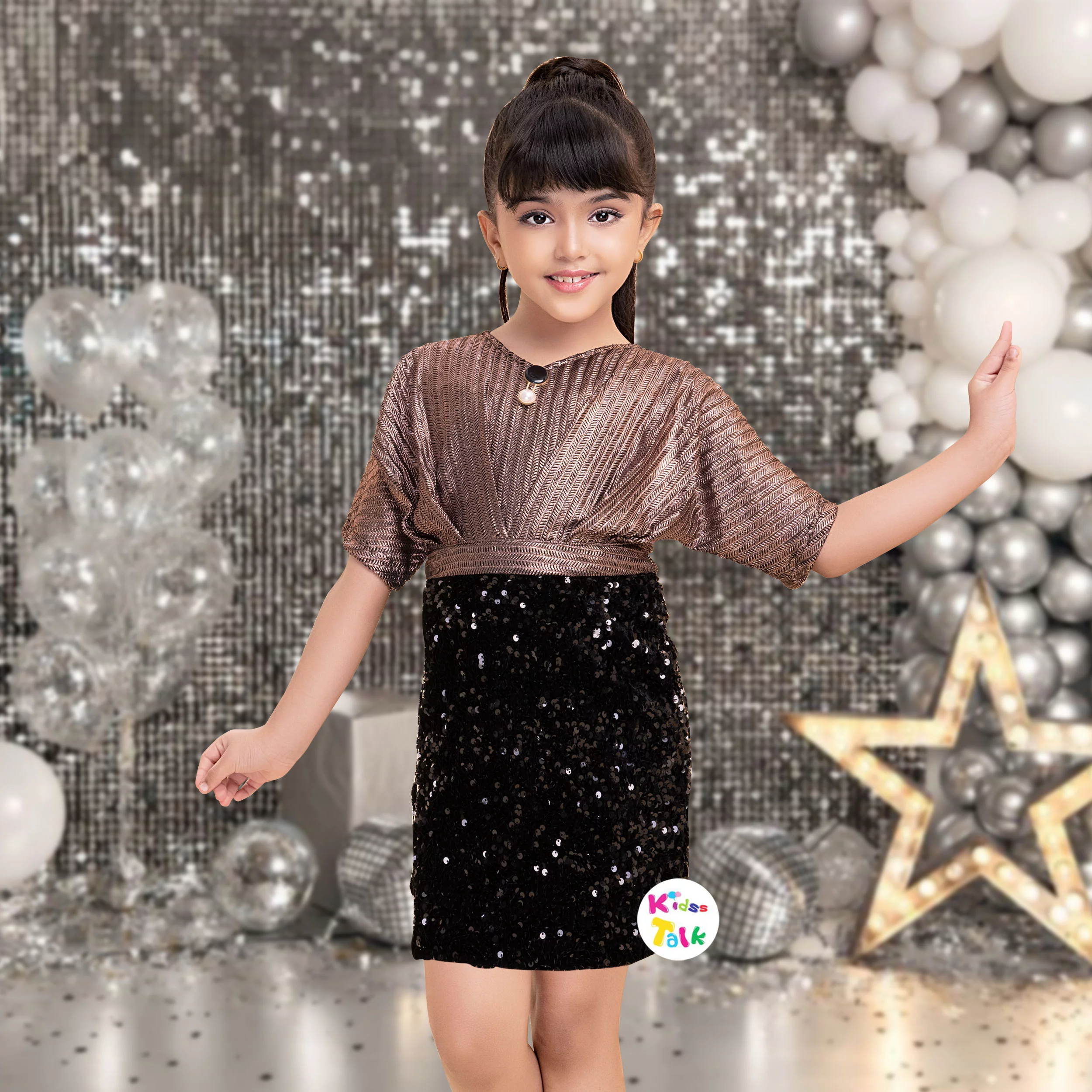 Sequins Full Sleeve Frock With Broach- Brown