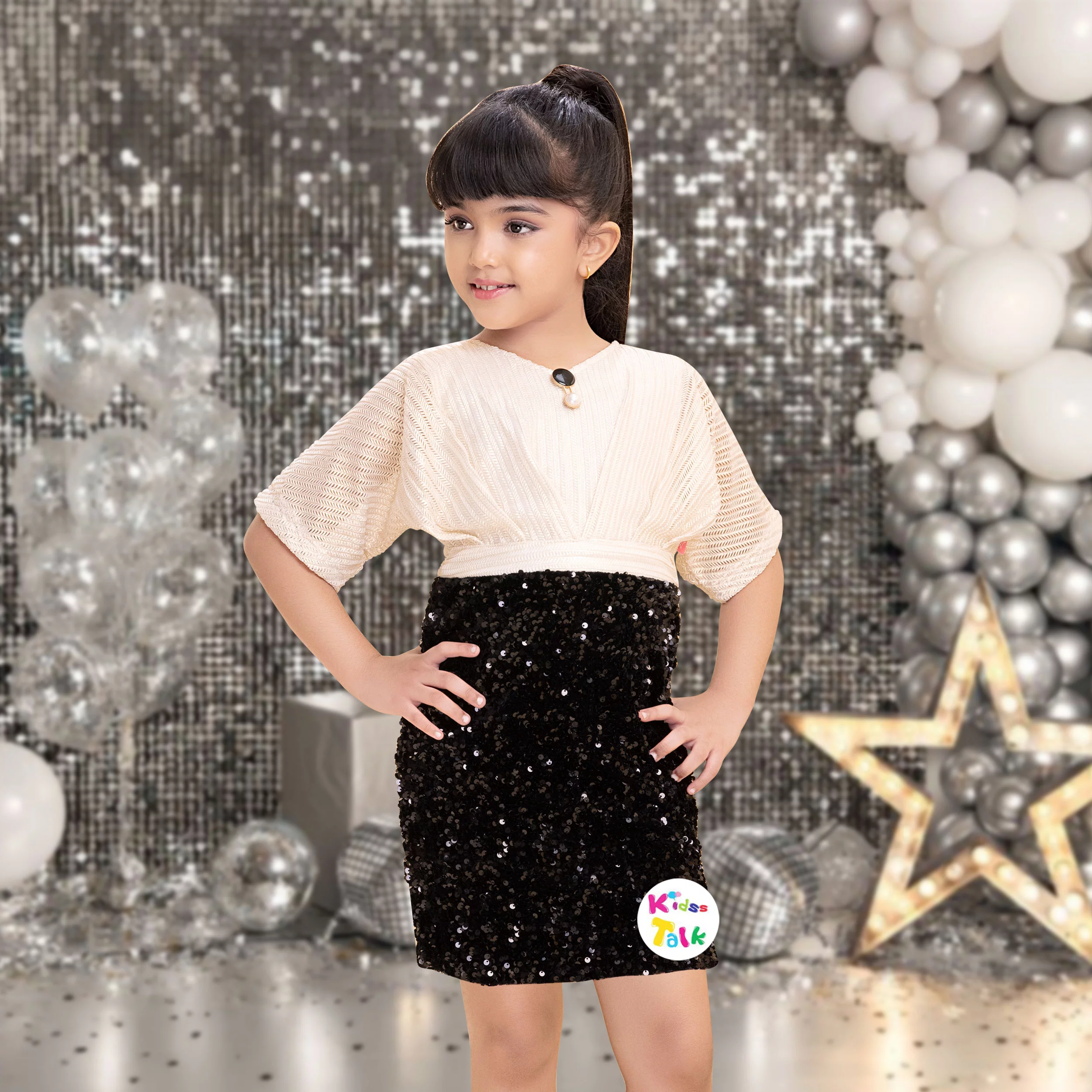 Sequins Full Sleeve Frock With Broach- Cream