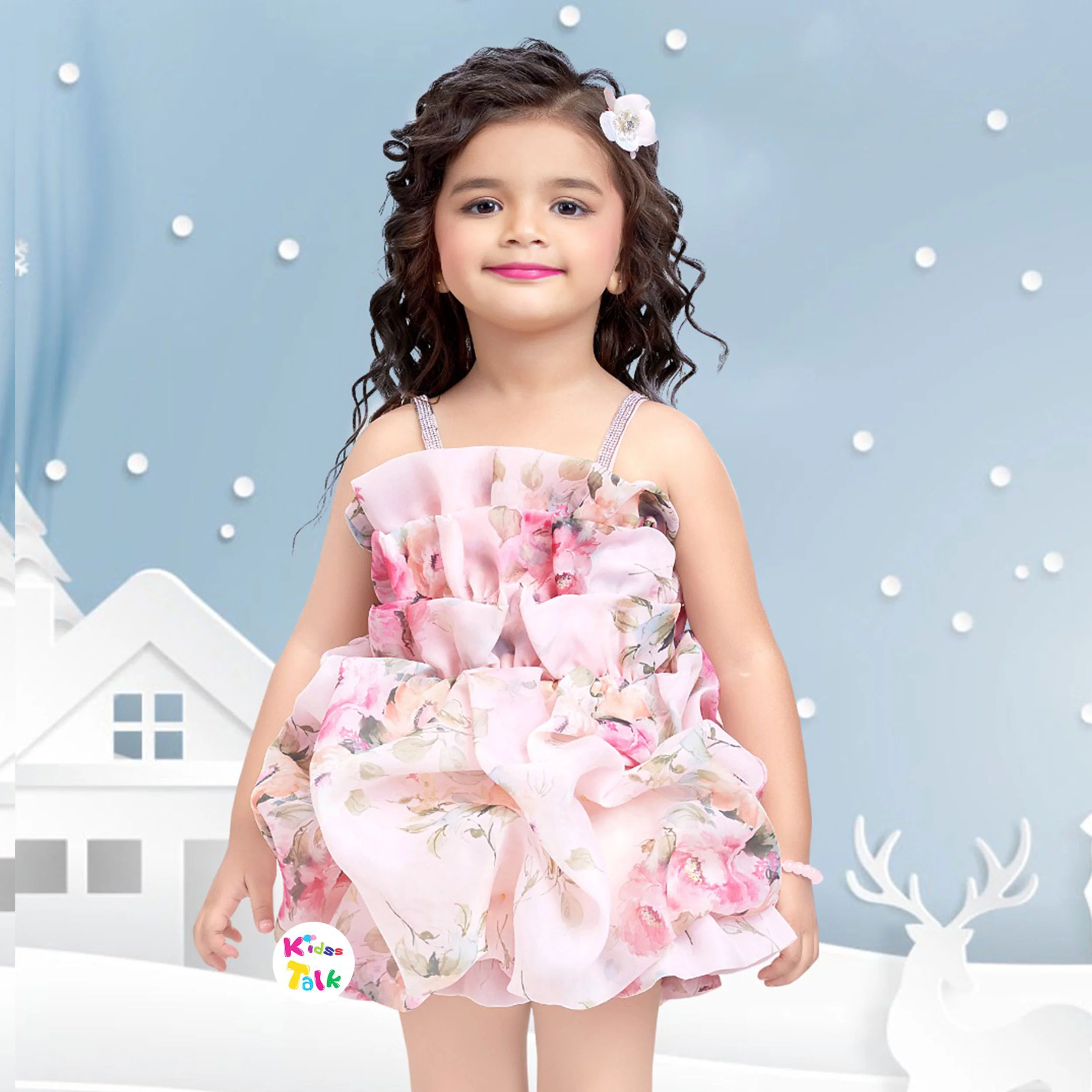 Organza Sleeveless Frock With Floral Print - Baby Pink