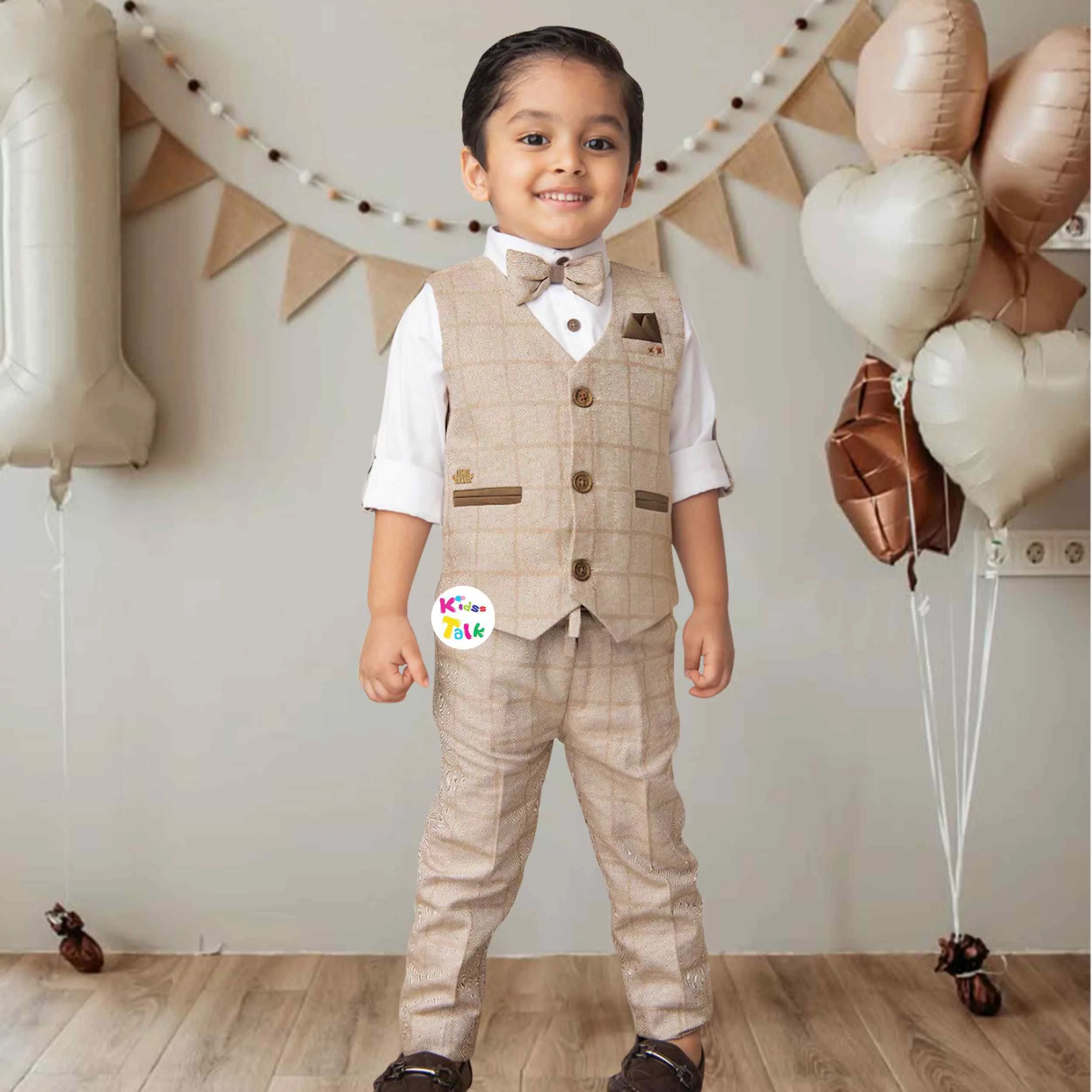 Cotton Full Sleeve Bow Shirt With Printed Jacket & Full Pant - Beige