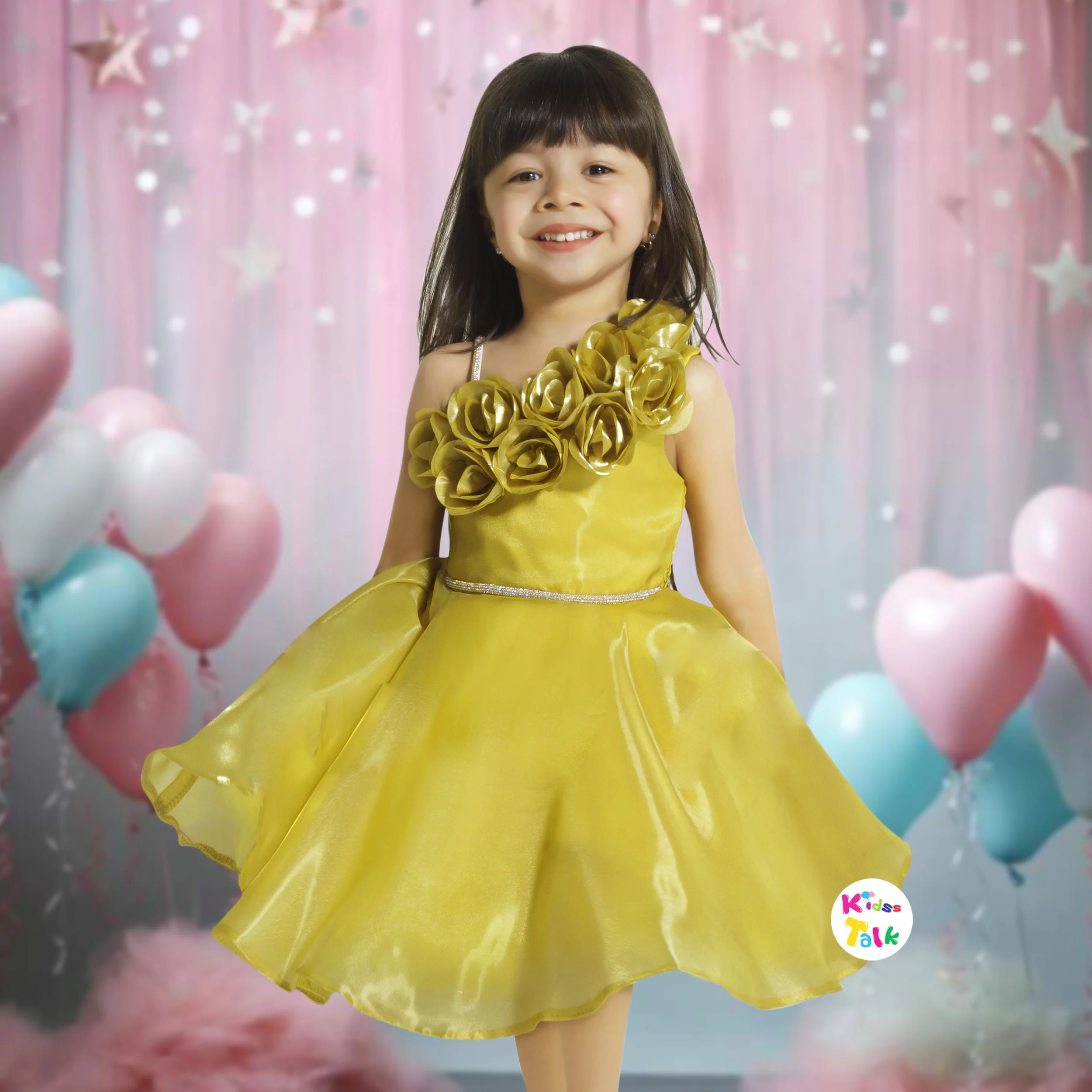 Satin Sleeveless Fluffy Party Frock With Flower Applique - Golden
