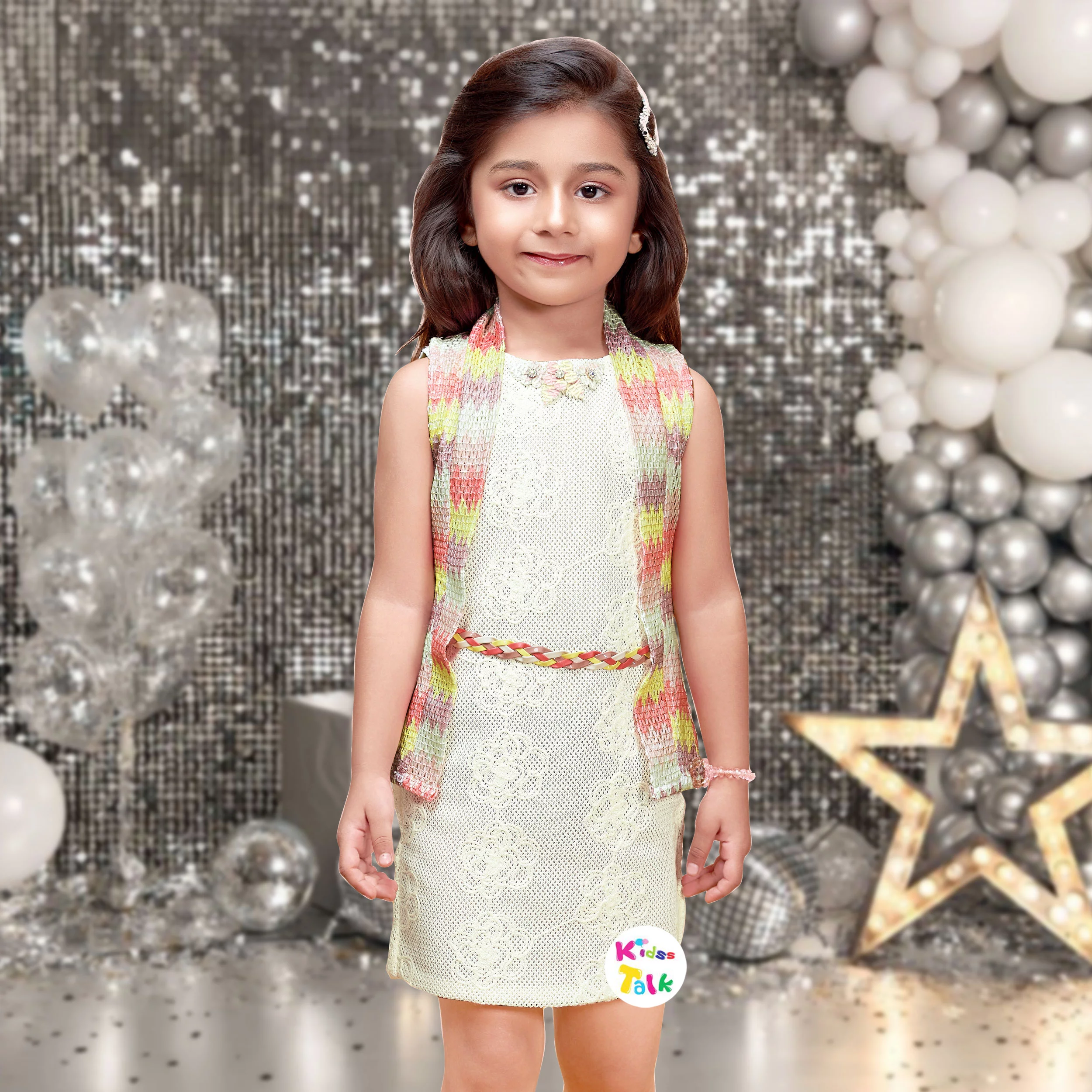 Cotton Knitted Sleeveless Party Frock With Shrug- Lemon Yellow