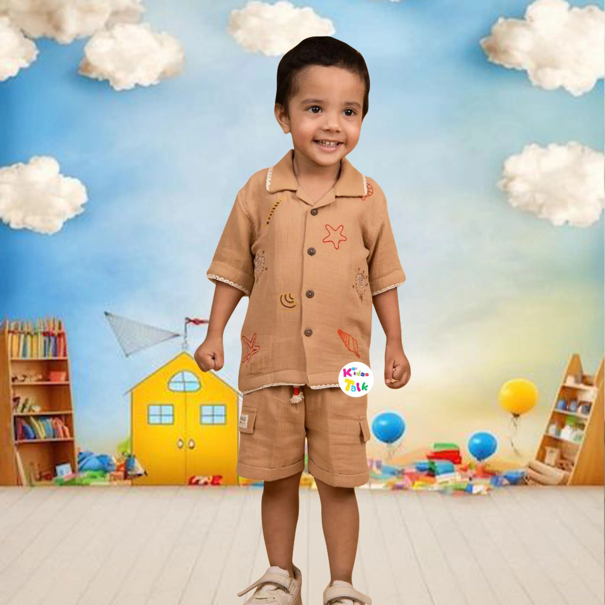 Stylish Muslin Half Sleeve Half Pant Set - Beige