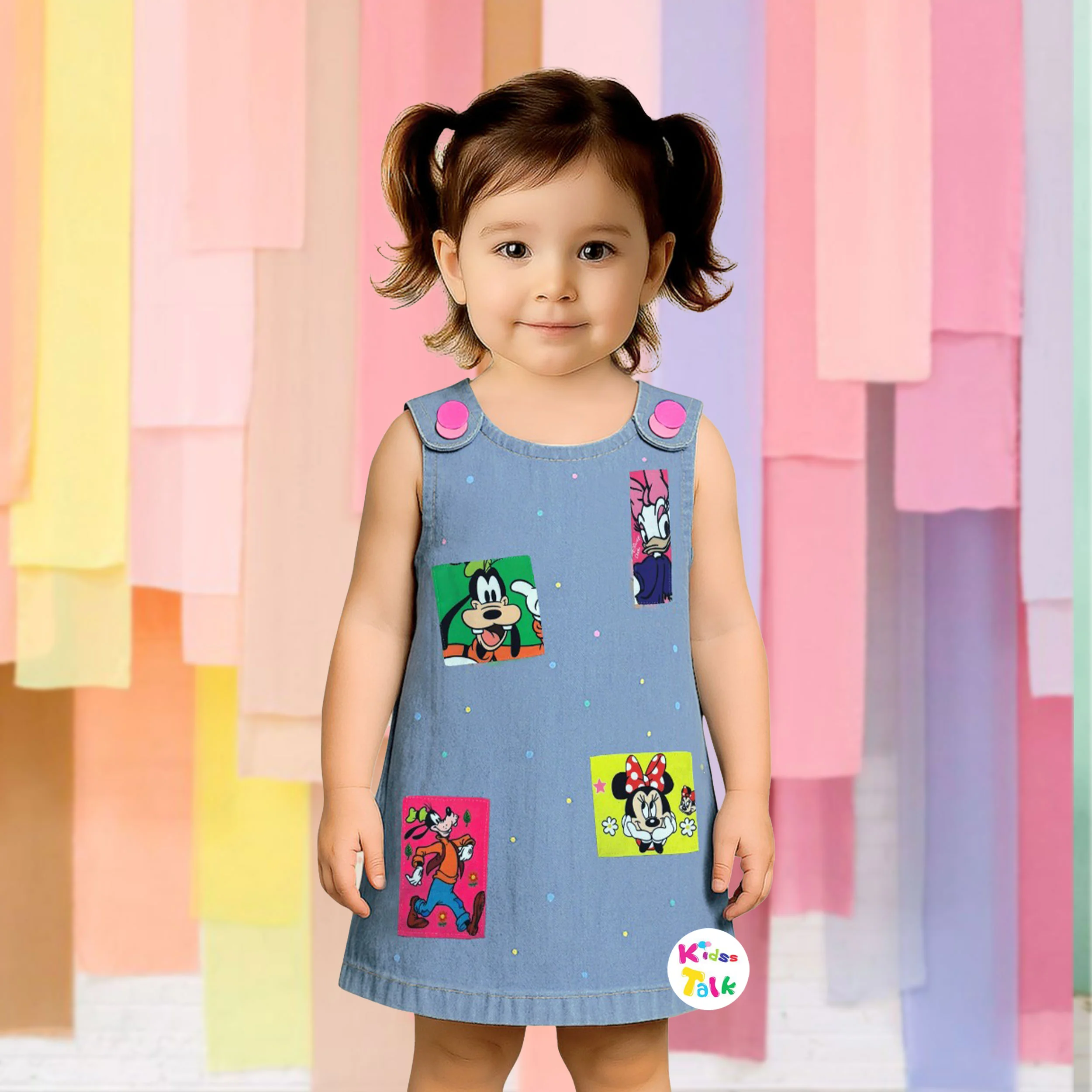 Soft Denim Sleeveless Frock With Cute Print - Denim Blue