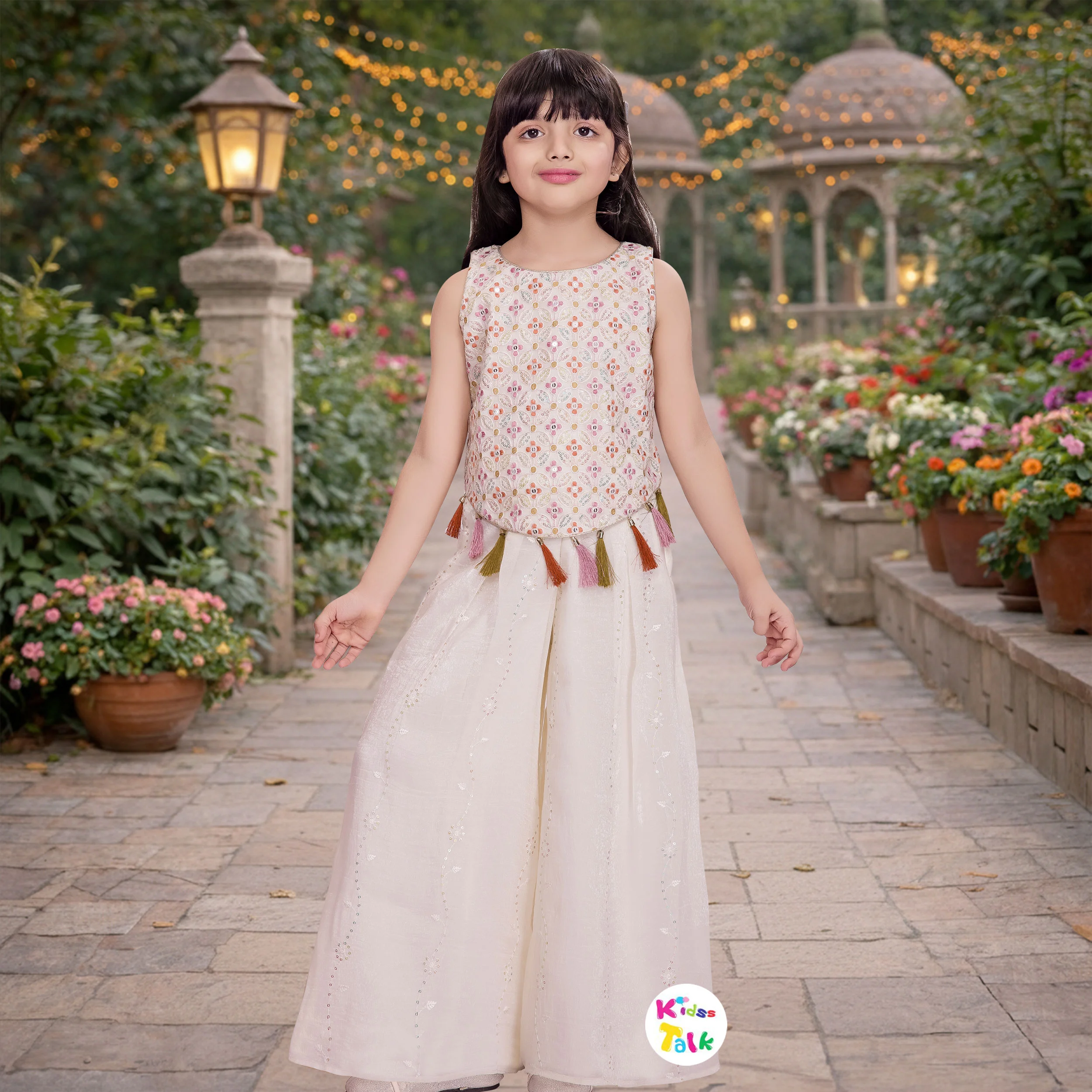 Silk Zardhosi Worked Sleeveless Kurta With Gharara & Dupatta - White