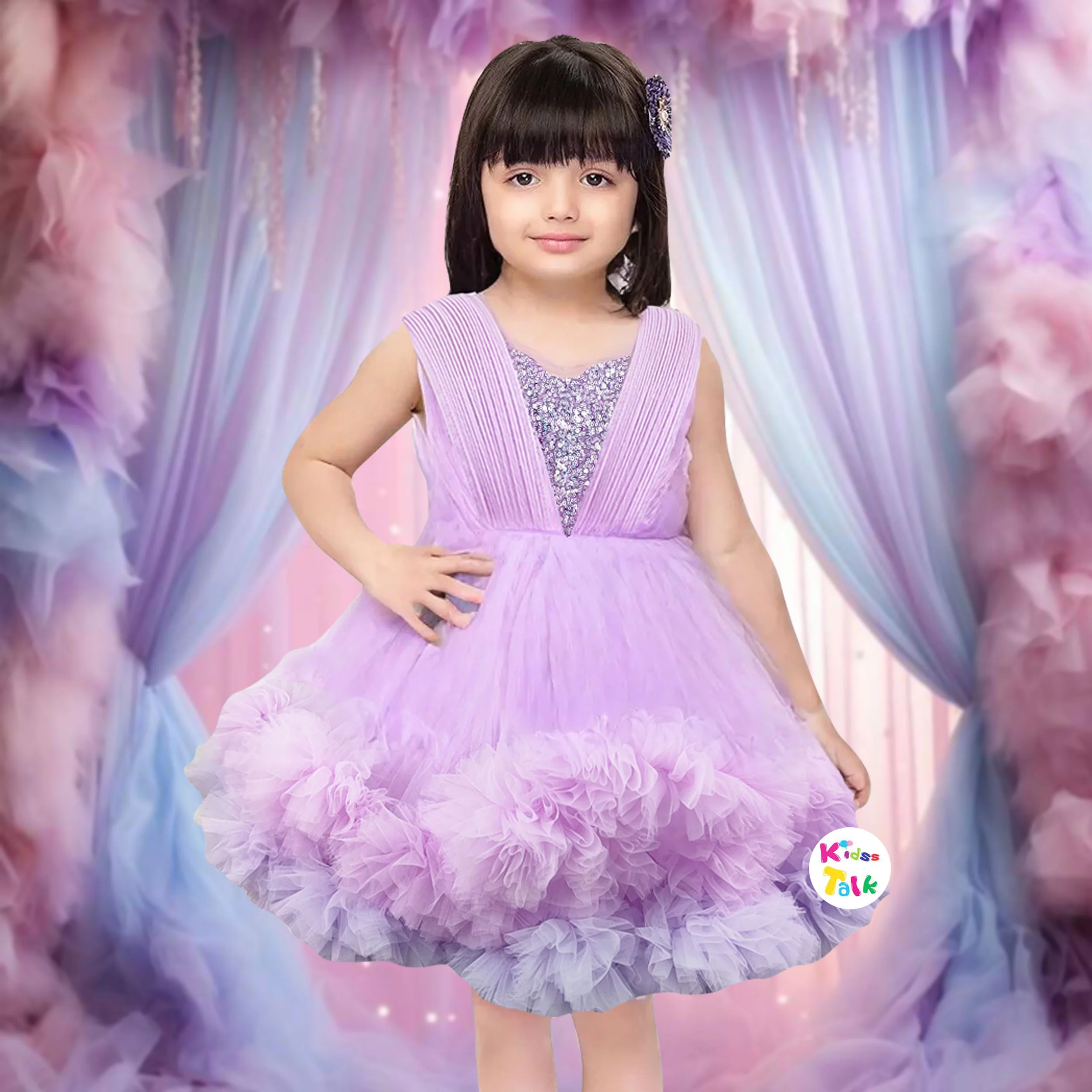 Net Sleeveless Fluffy Layered Party Frock With Sequins Work- Lavender