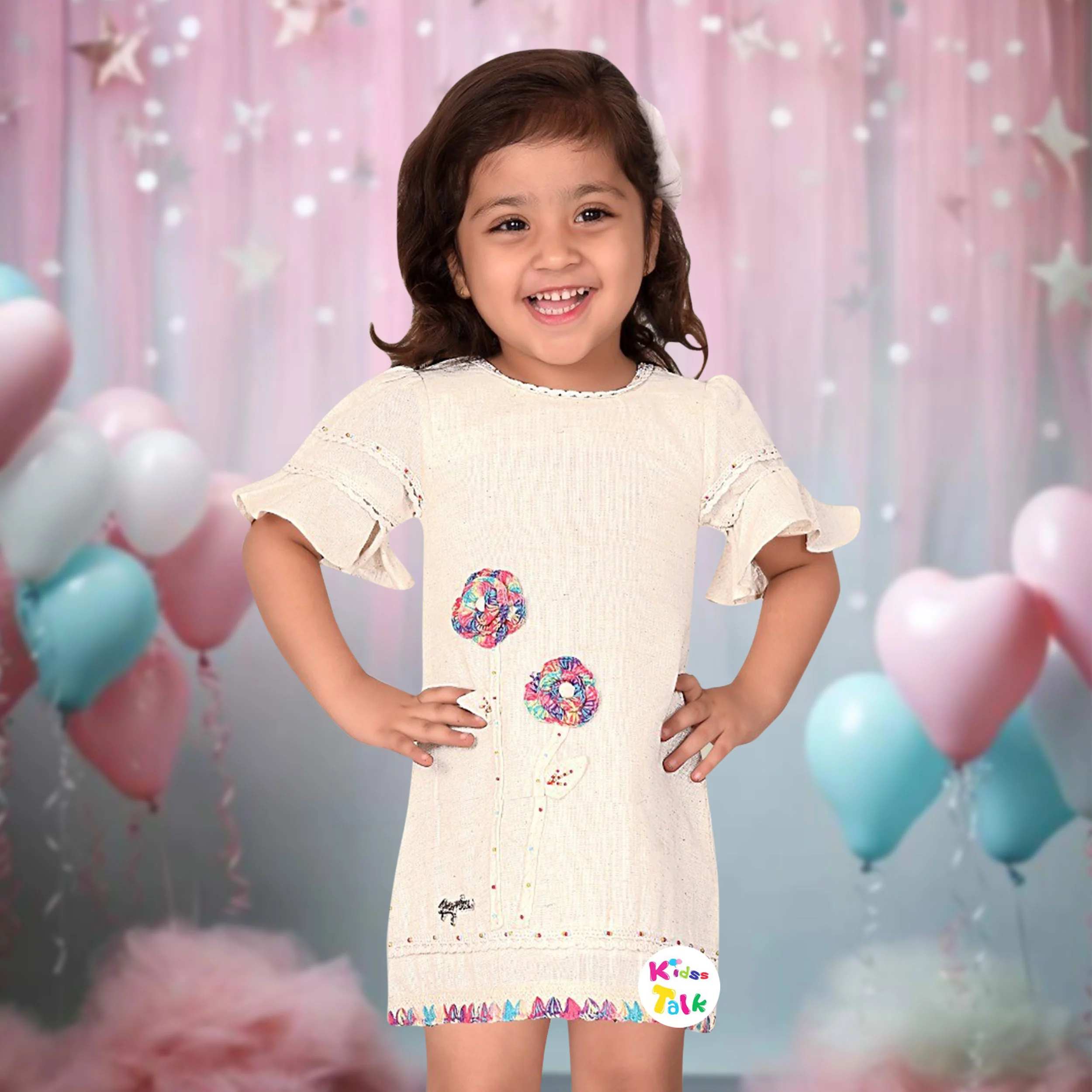 Cotton Linen Half Sleeve Frock With Patch Work - Beige