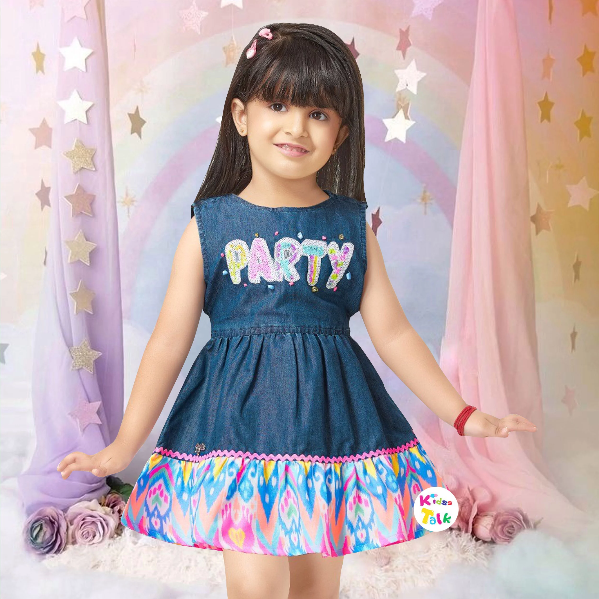 Denim Half Sleeve Frock With Patch Work - Denim Blue